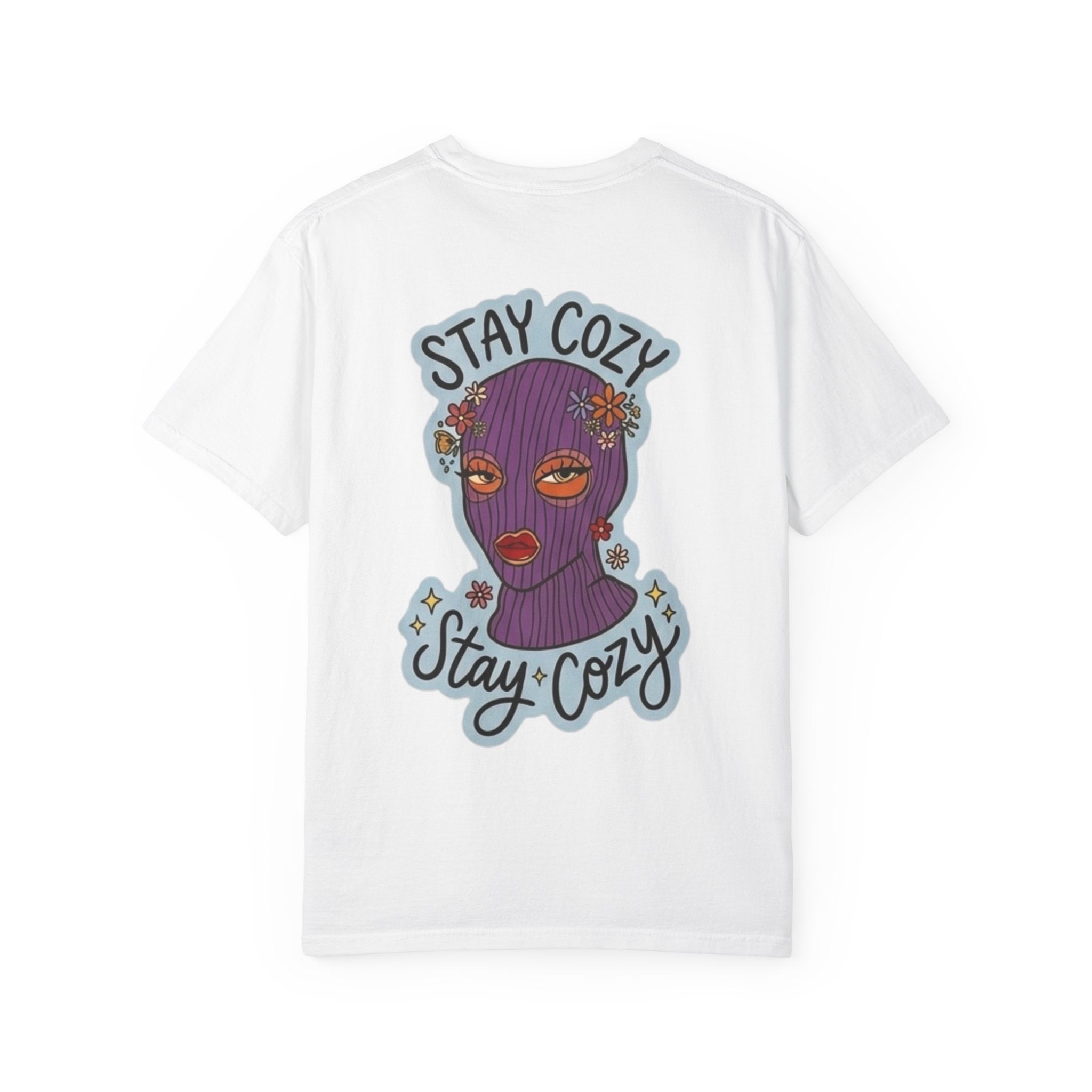 Stay Cozy Graphic T-Shirt — Retro Floral Ski Mask Design