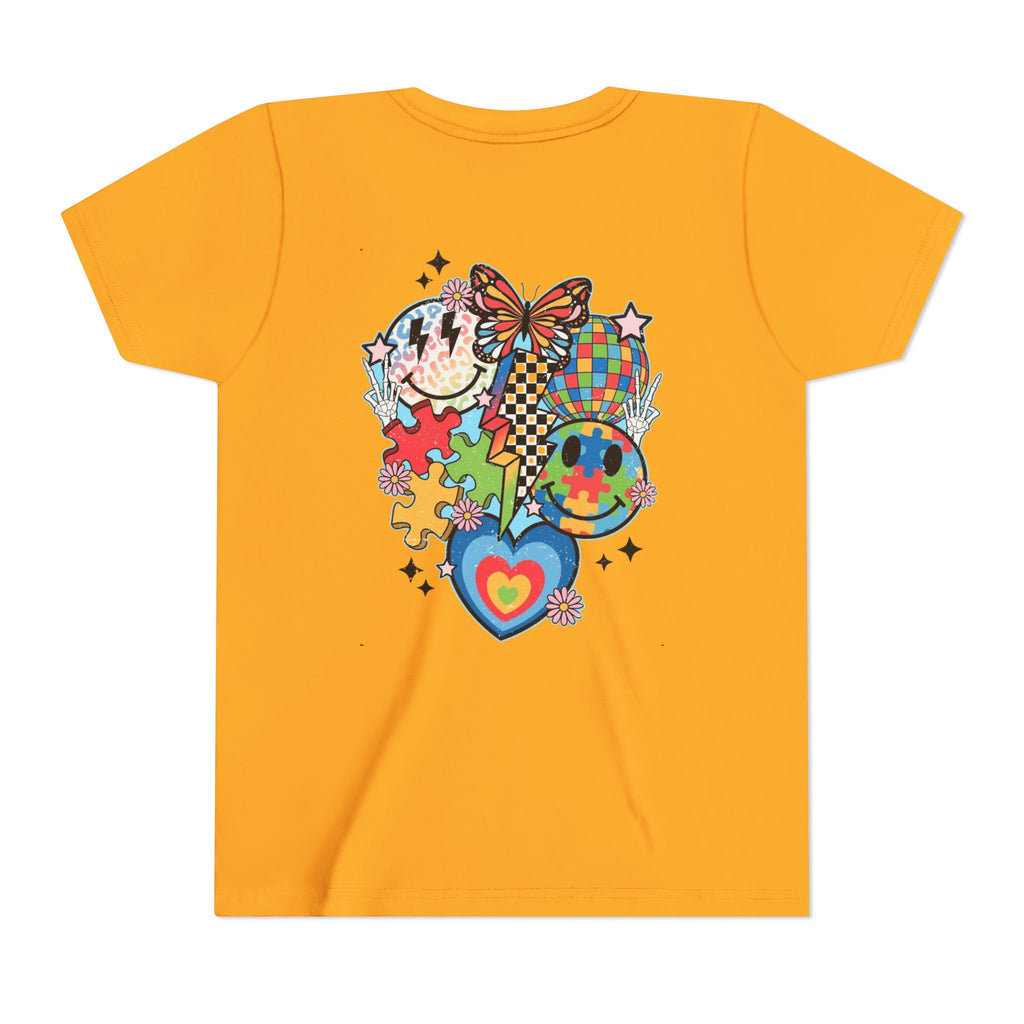 Autism Youth Tee — Colorful Retro Smiley, Puzzle & Butterfly Graphic