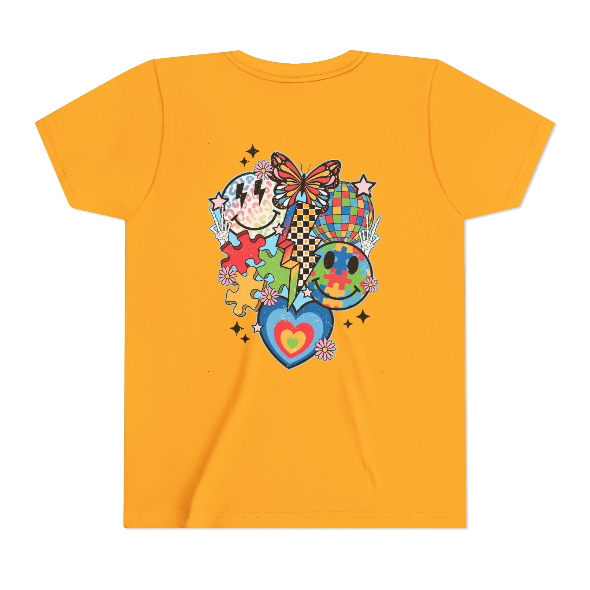 Autism Youth Tee — Colorful Retro Smiley, Puzzle & Butterfly Graphic