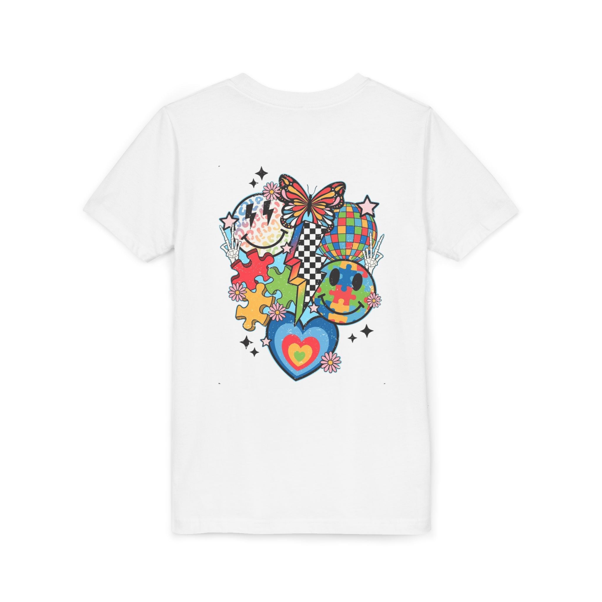 Autism Youth Tee — Colorful Retro Smiley, Puzzle & Butterfly Graphic