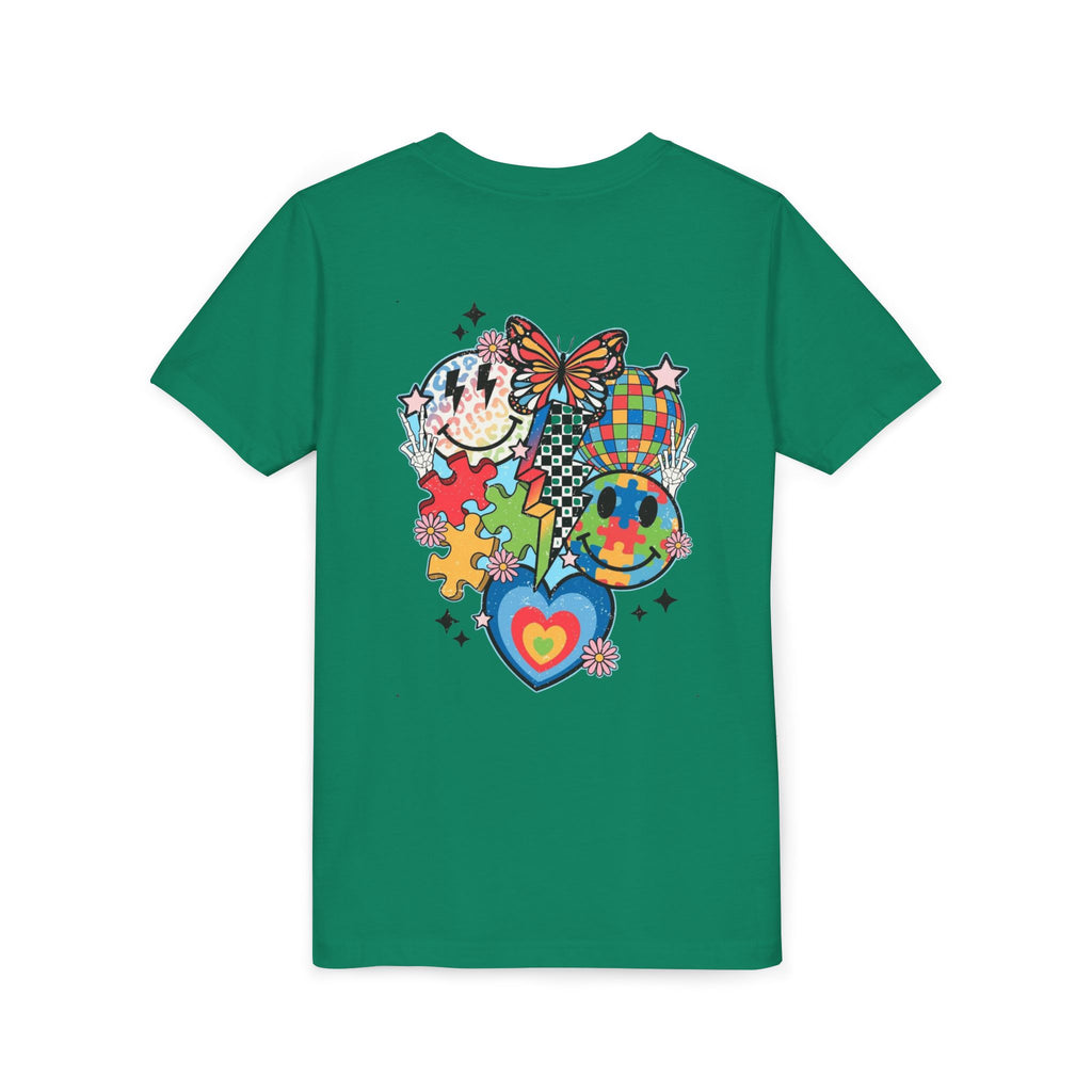 Autism Youth Tee — Colorful Retro Smiley, Puzzle & Butterfly Graphic