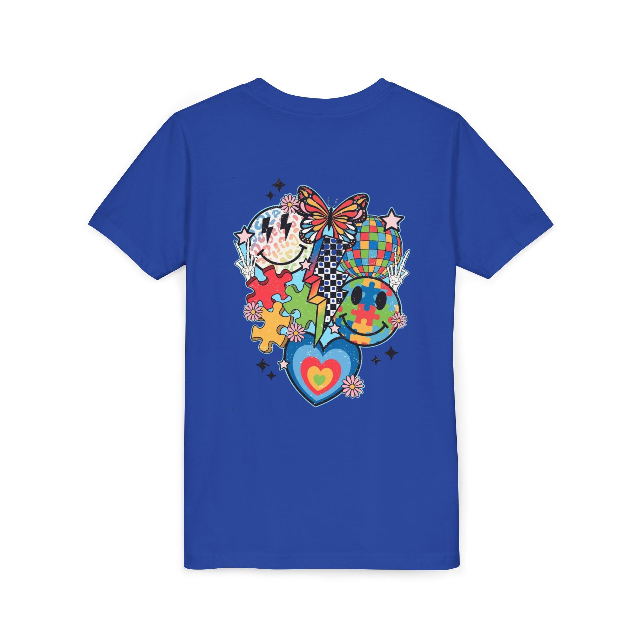 Autism Youth Tee — Colorful Retro Smiley, Puzzle & Butterfly Graphic