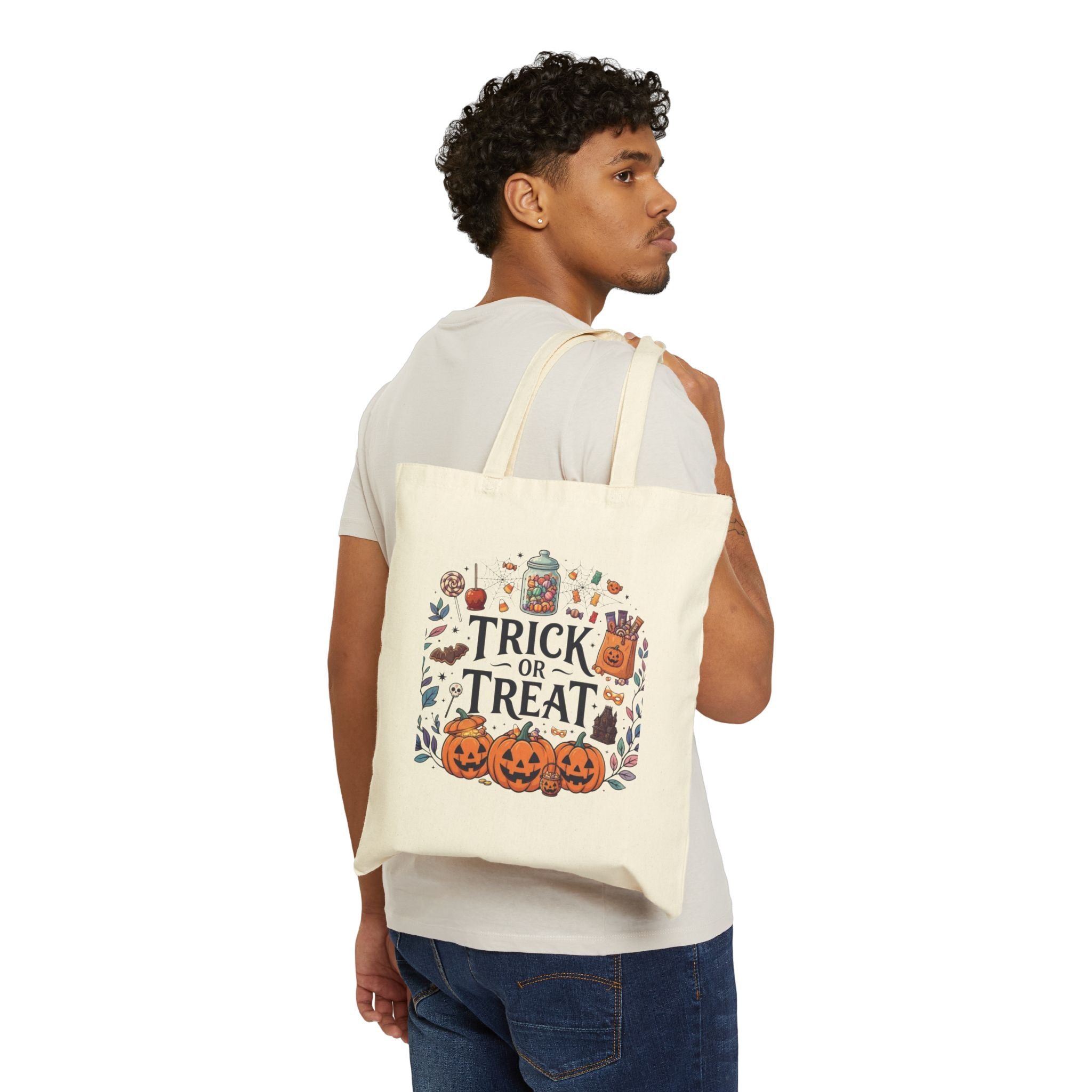 Halloween Cotton Tote Bag — "Happy Halloween" / "Trick or Treat" Pumpkin Reusable Market Bag