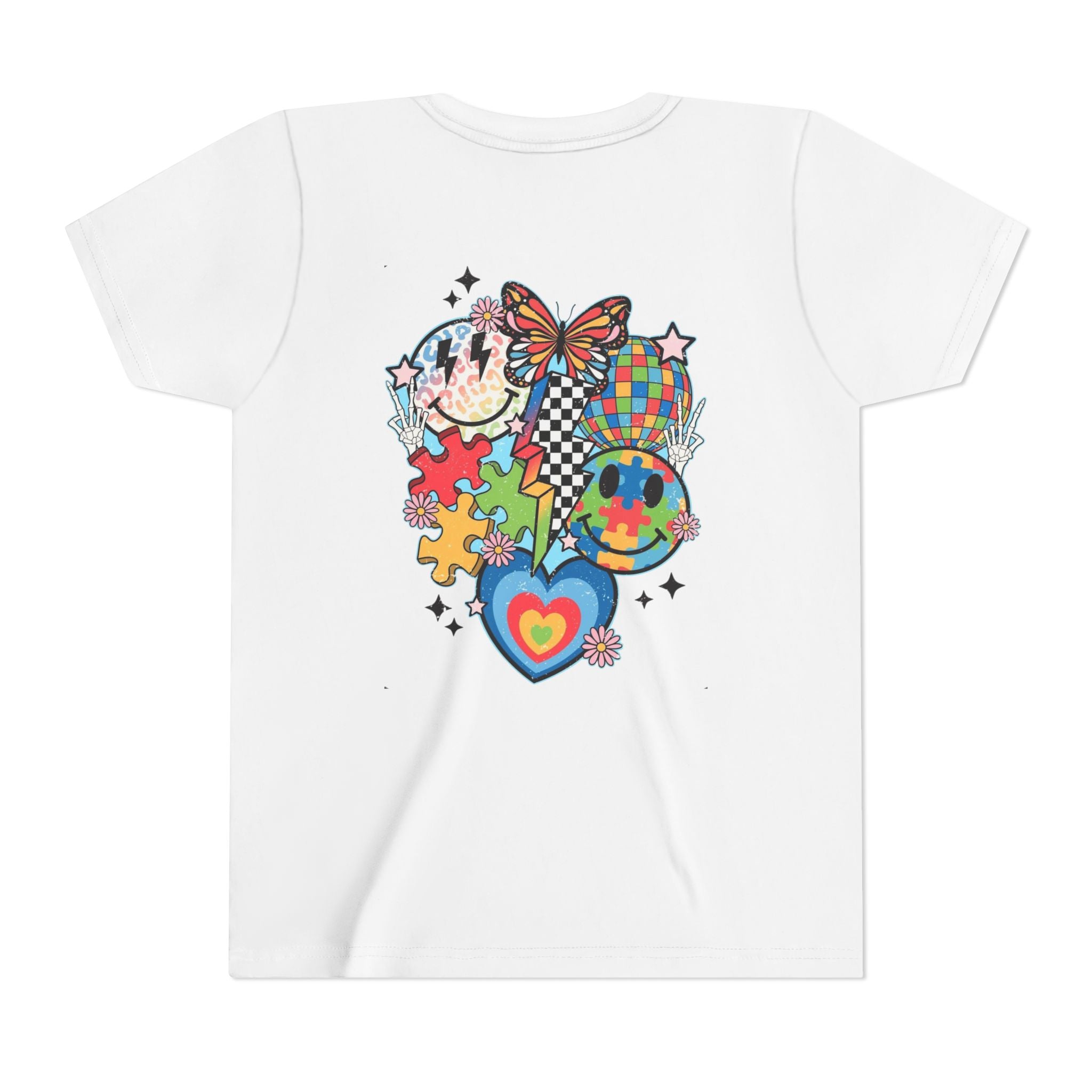 Autism Youth Tee — Colorful Retro Smiley, Puzzle & Butterfly Graphic