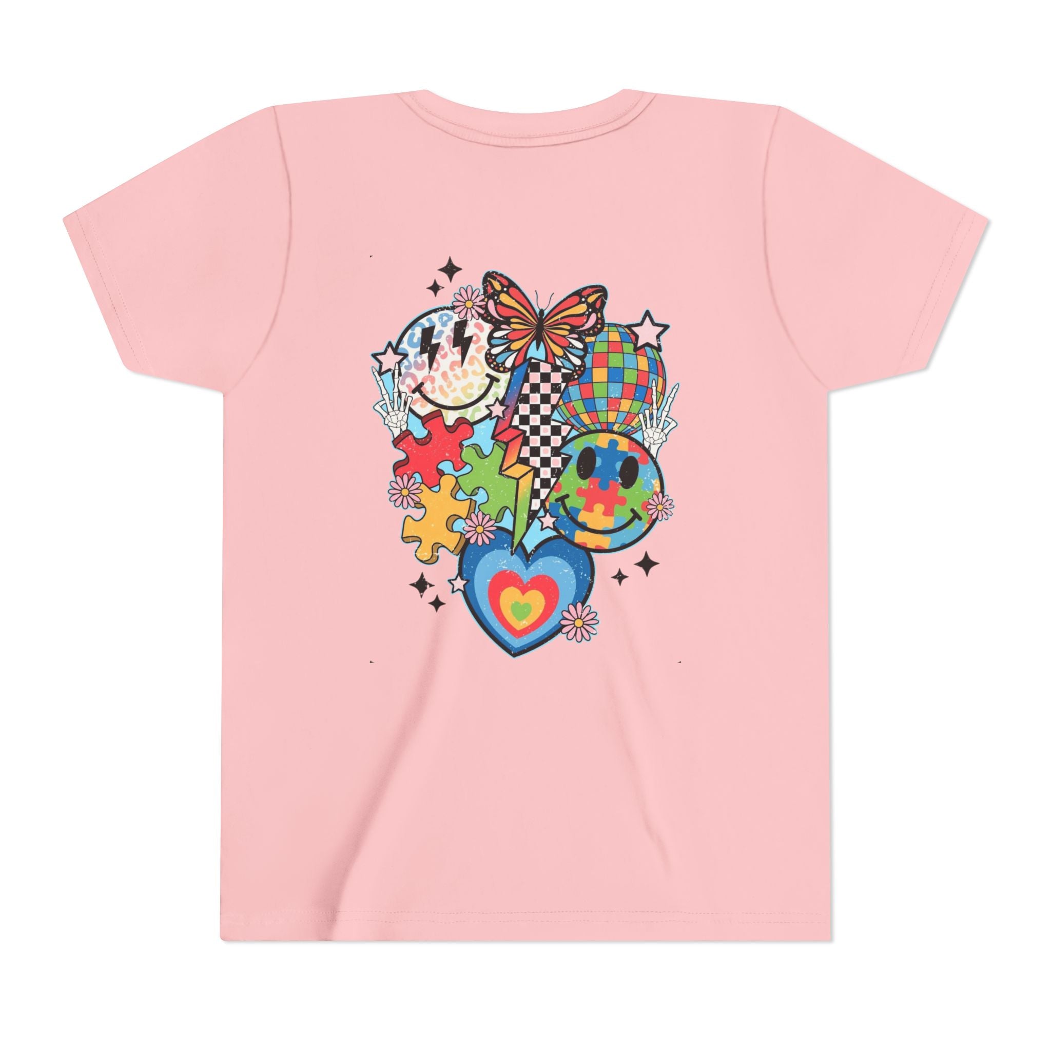 Autism Youth Tee — Colorful Retro Smiley, Puzzle & Butterfly Graphic