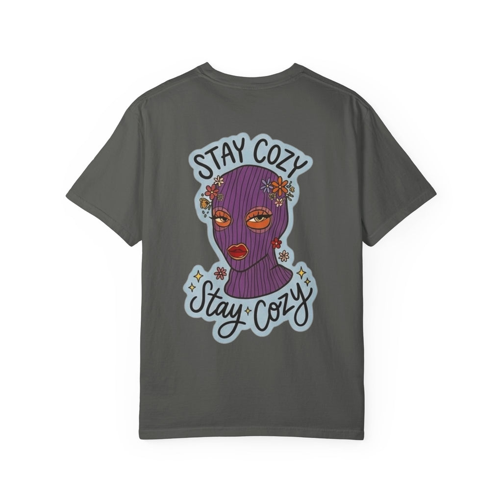 Stay Cozy Graphic T-Shirt — Retro Floral Ski Mask Design