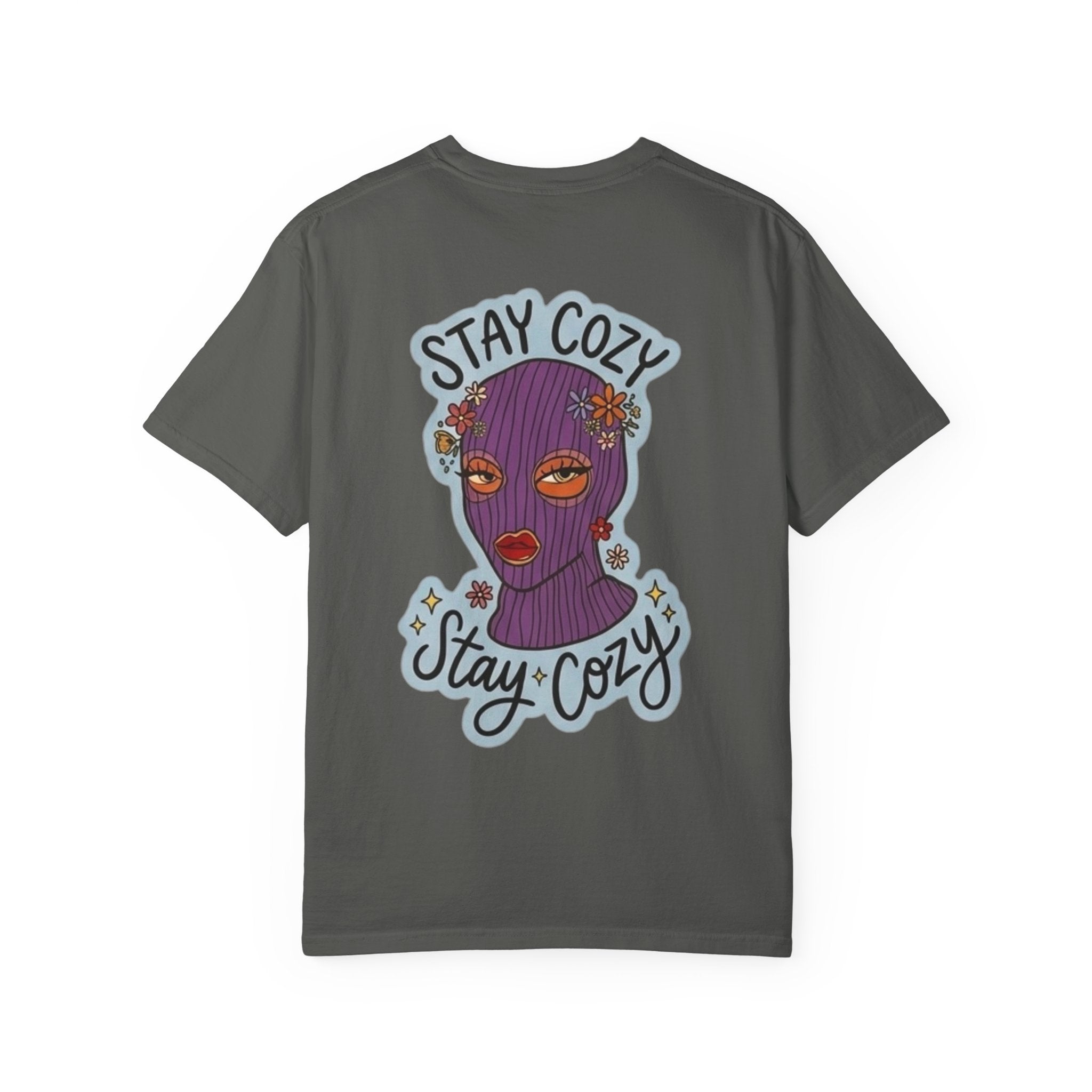 Stay Cozy Graphic T-Shirt — Retro Floral Ski Mask Design