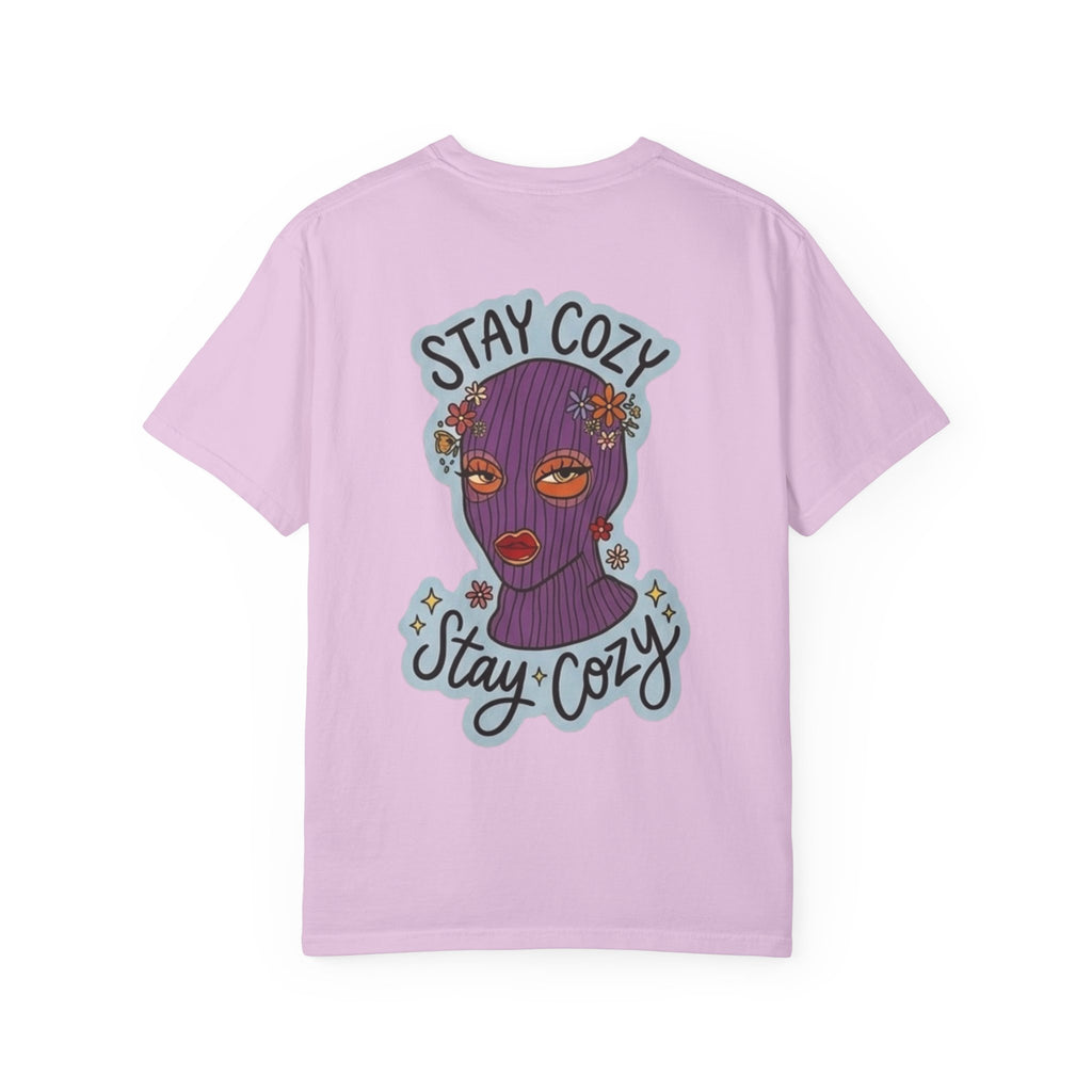 Stay Cozy Graphic T-Shirt — Retro Floral Ski Mask Design
