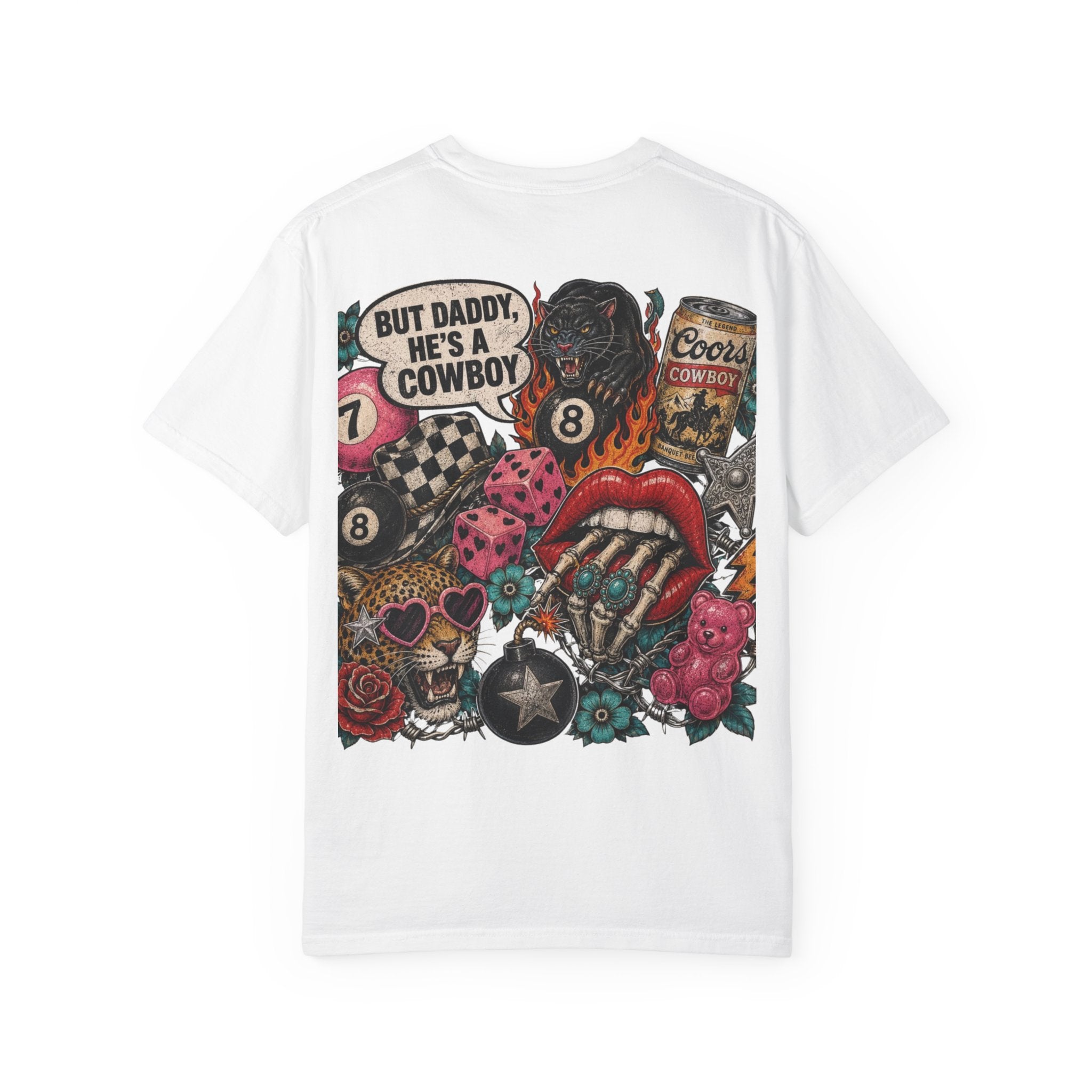 Graphic T-Shirt — Retro Tattoo Collage Back Print (“But Daddy, He’s a Cowboy”)