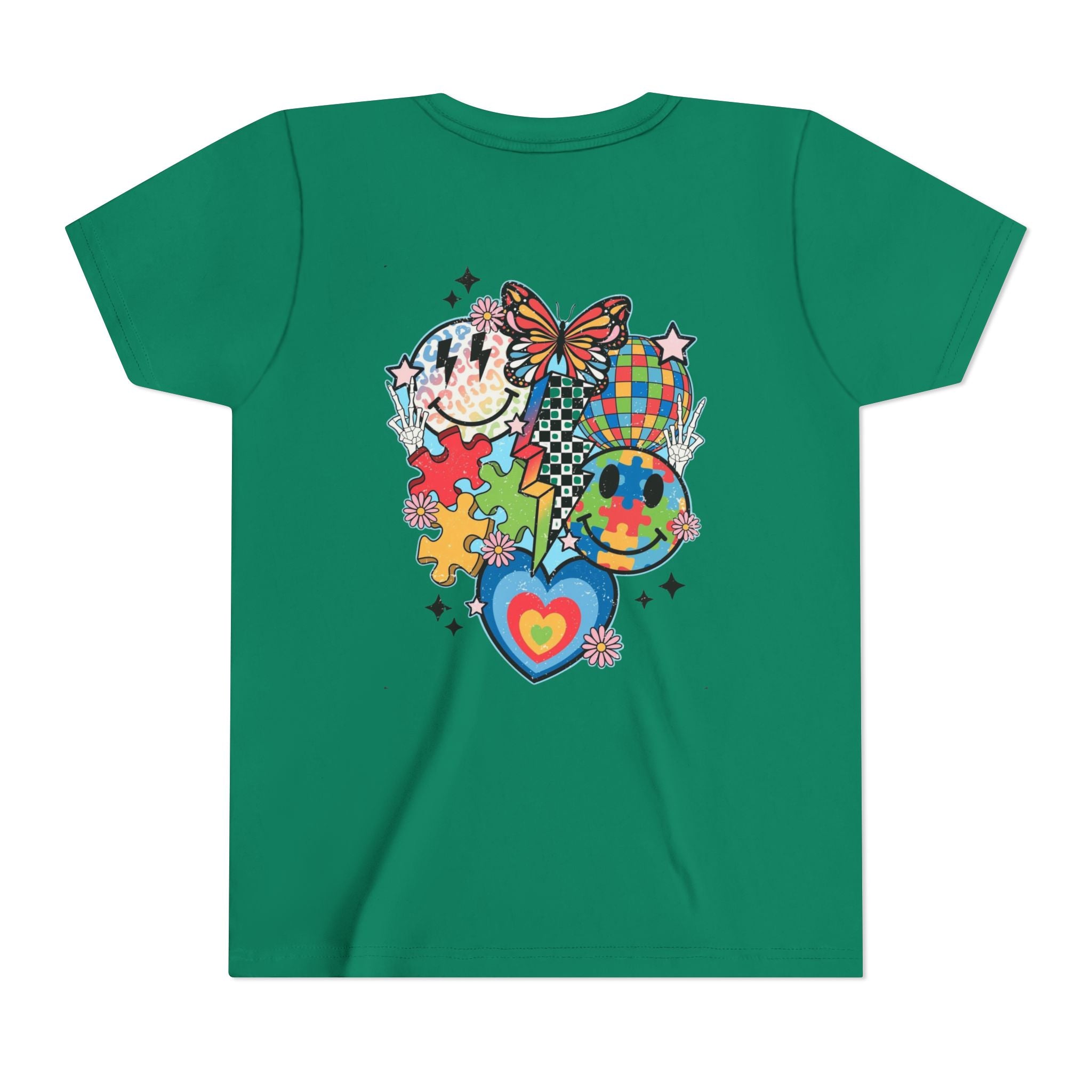 Autism Youth Tee — Colorful Retro Smiley, Puzzle & Butterfly Graphic