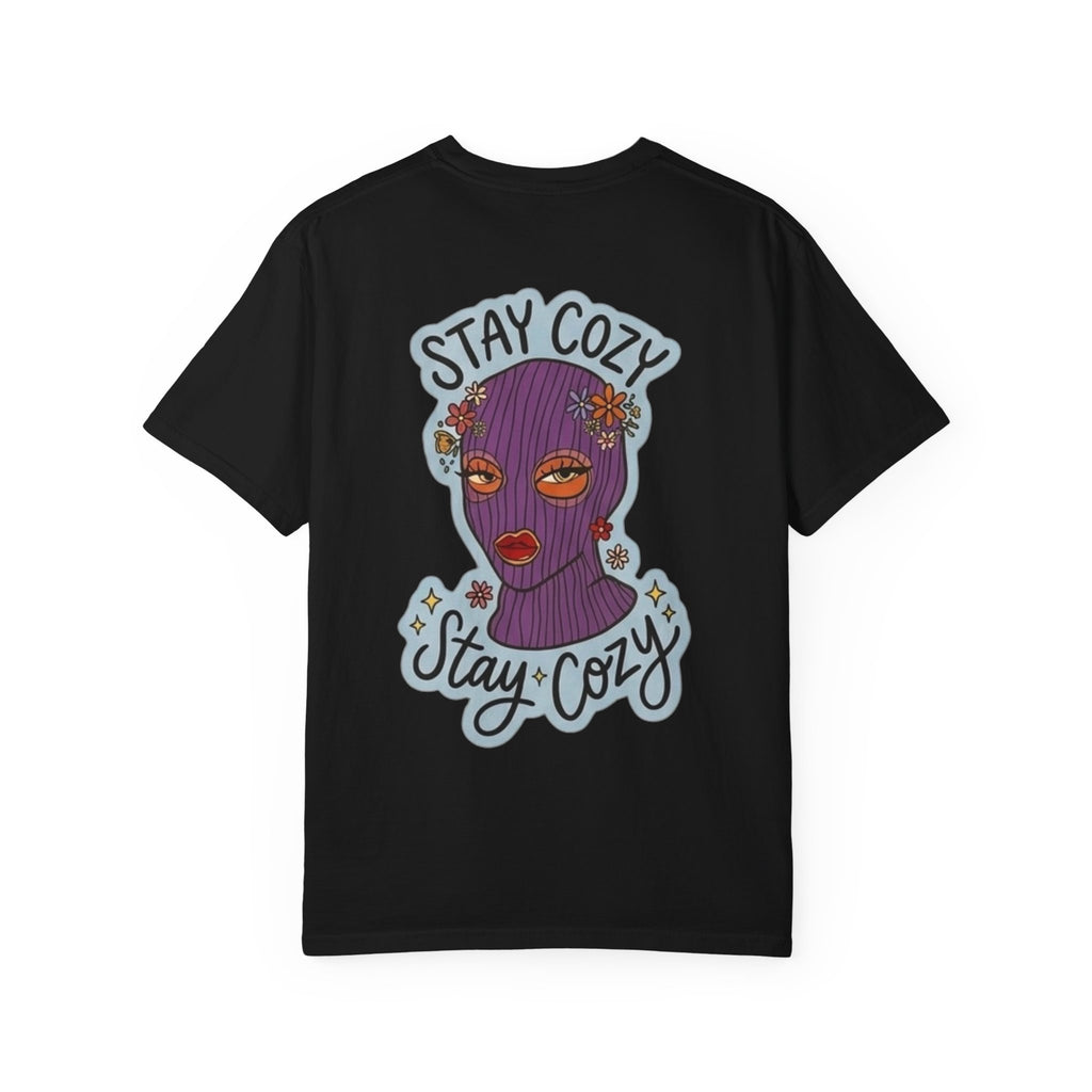 Stay Cozy Graphic T-Shirt — Retro Floral Ski Mask Design