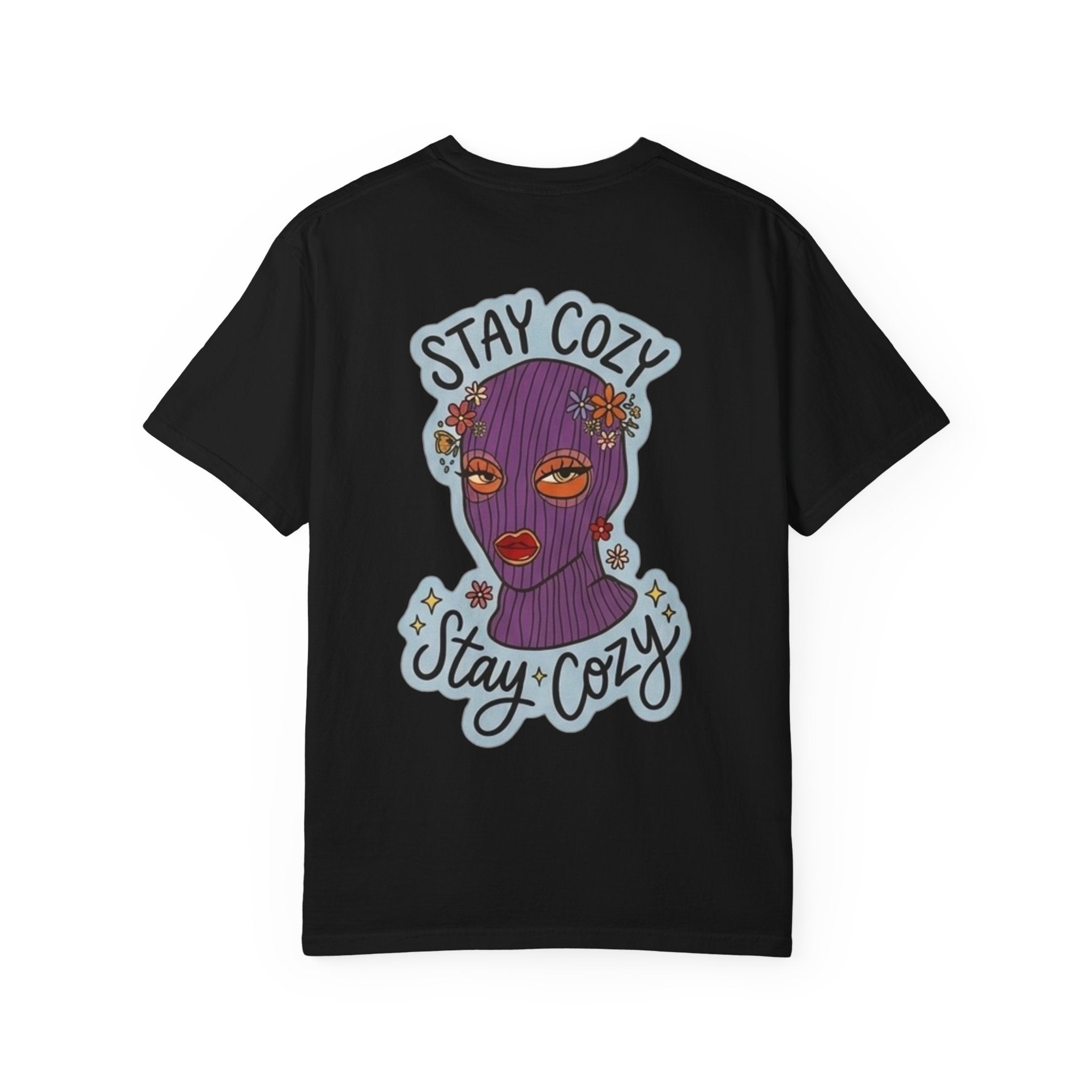 Stay Cozy Graphic T-Shirt — Retro Floral Ski Mask Design