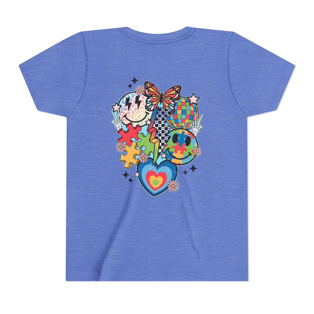 Autism Youth Tee — Colorful Retro Smiley, Puzzle & Butterfly Graphic