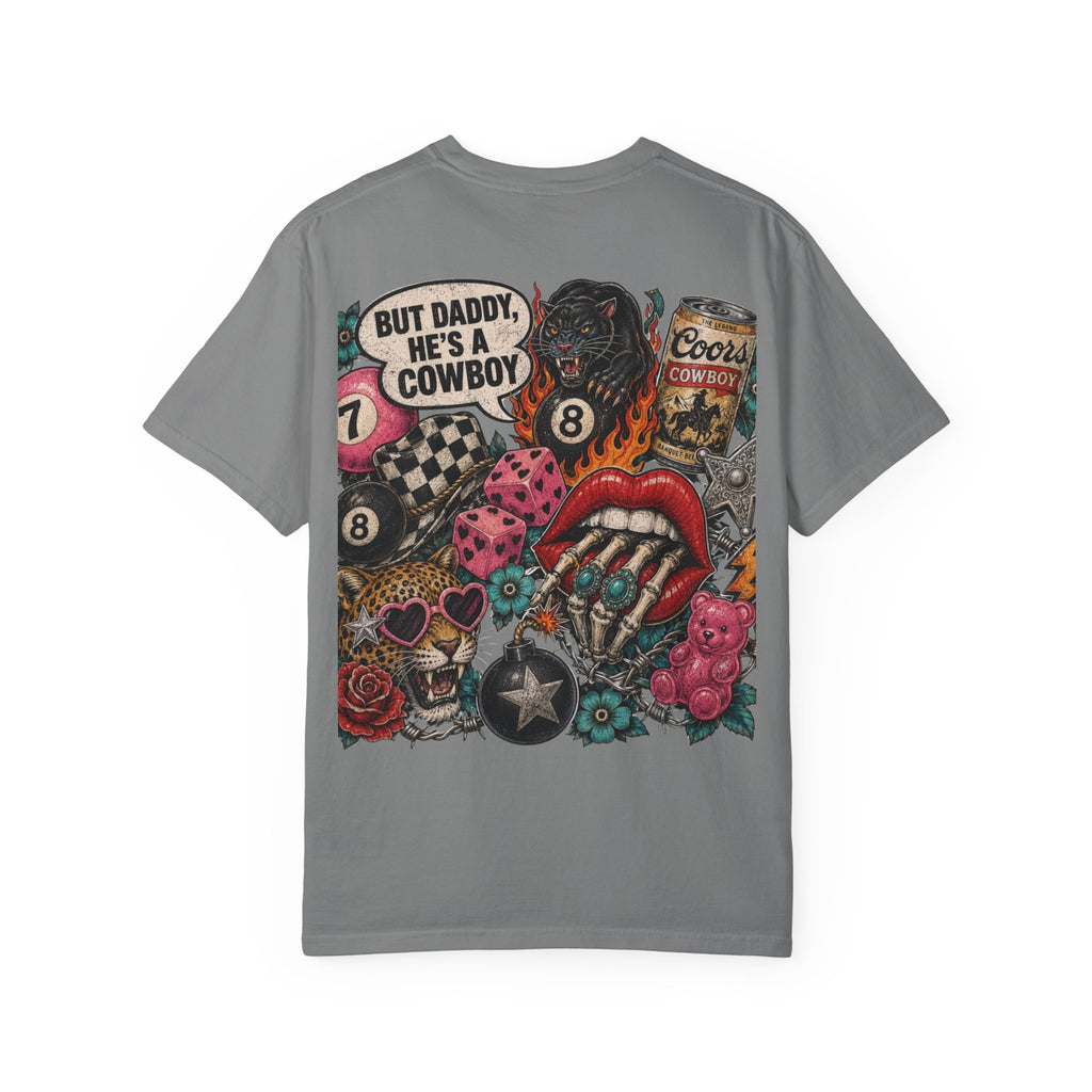 Graphic T-Shirt — Retro Tattoo Collage Back Print (“But Daddy, He’s a Cowboy”)