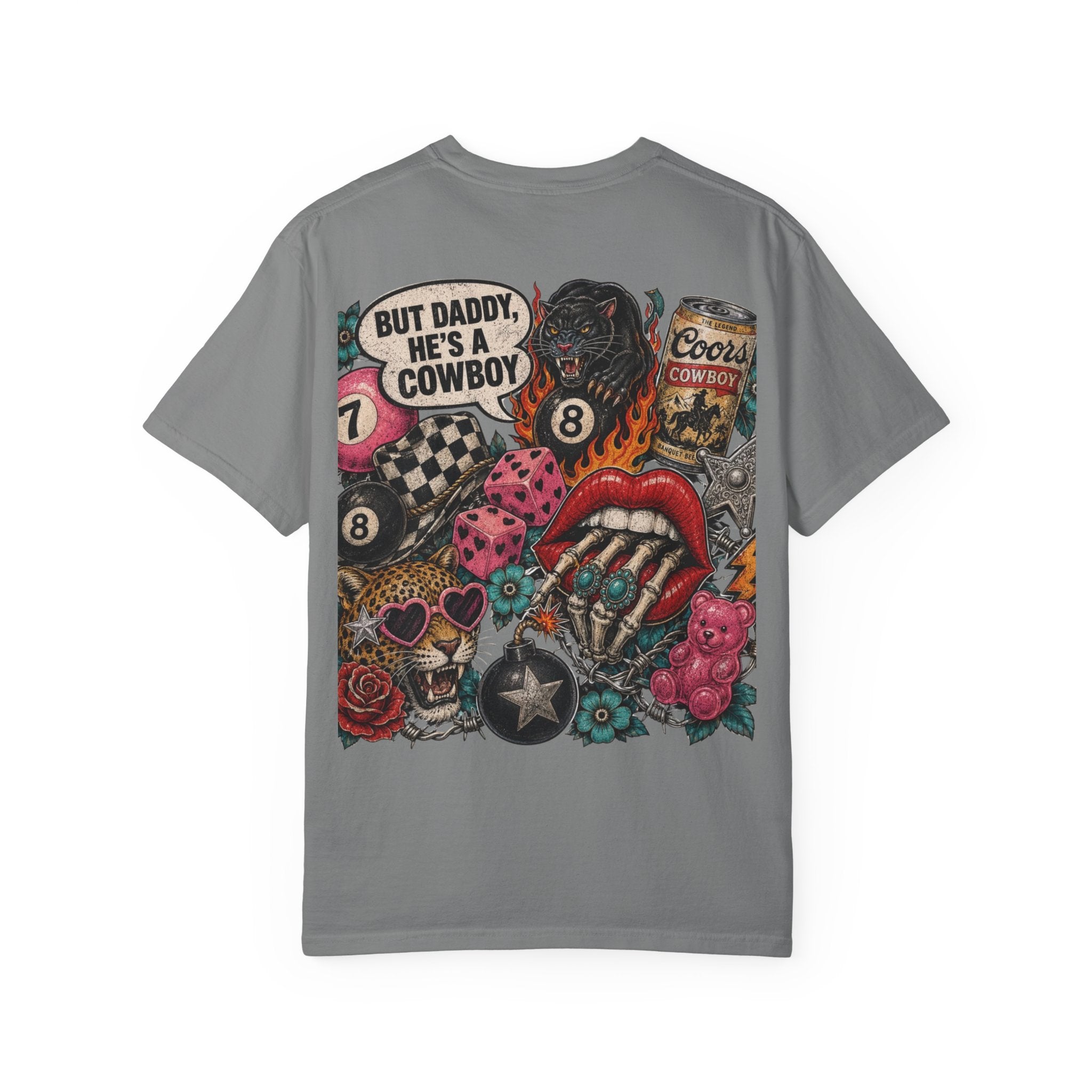 Graphic T-Shirt — Retro Tattoo Collage Back Print (“But Daddy, He’s a Cowboy”)