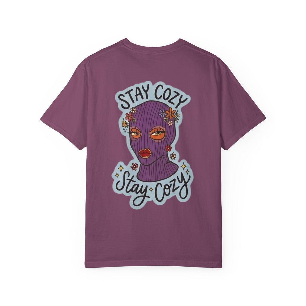 Stay Cozy Graphic T-Shirt — Retro Floral Ski Mask Design