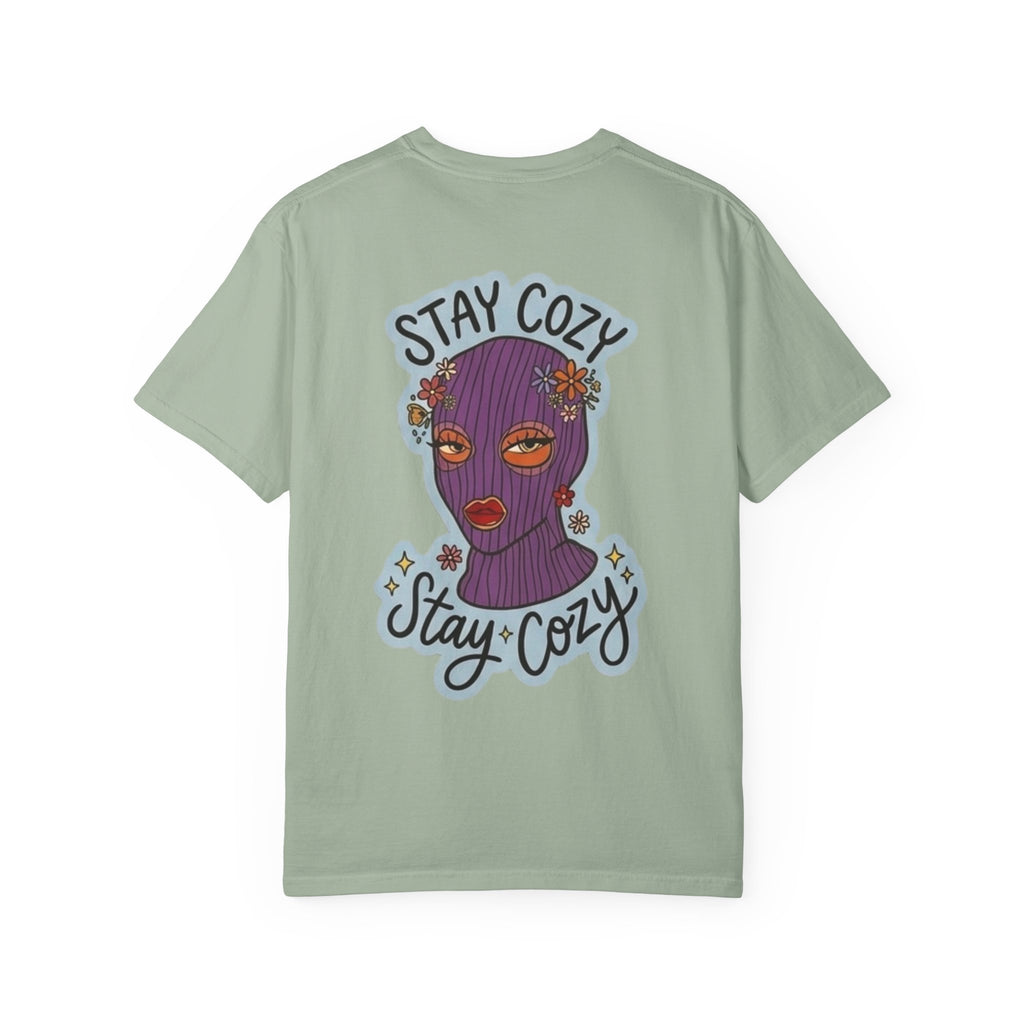 Stay Cozy Graphic T-Shirt — Retro Floral Ski Mask Design