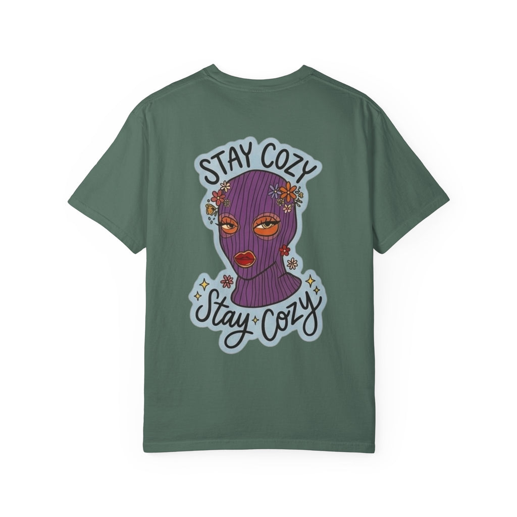Stay Cozy Graphic T-Shirt — Retro Floral Ski Mask Design