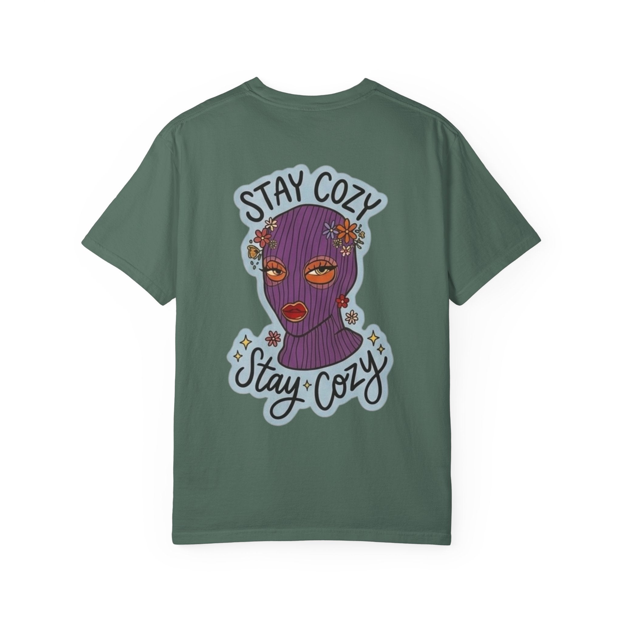 Stay Cozy Graphic T-Shirt — Retro Floral Ski Mask Design