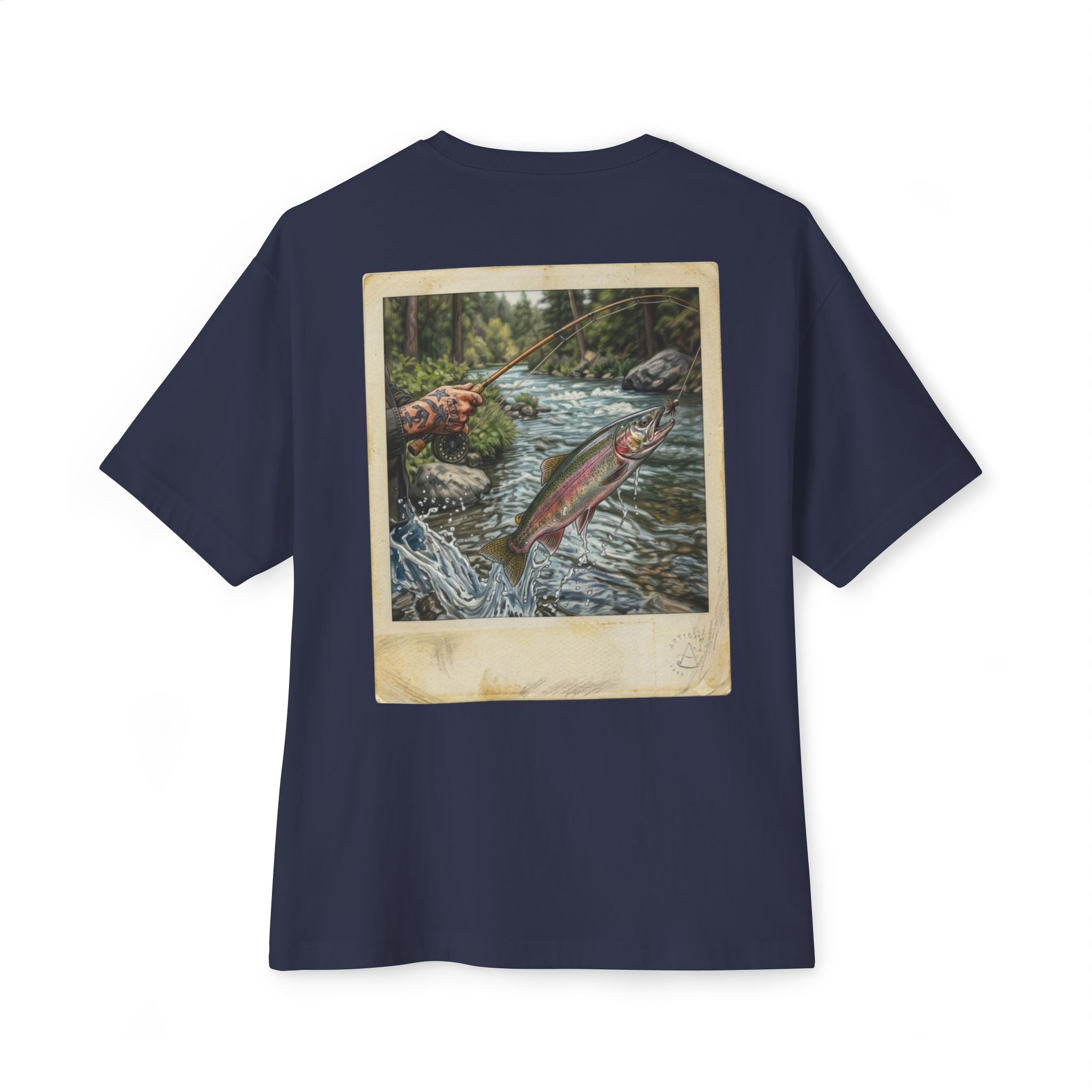 Fishing Polaroid Oversized Tee — Vintage Trout Back Print