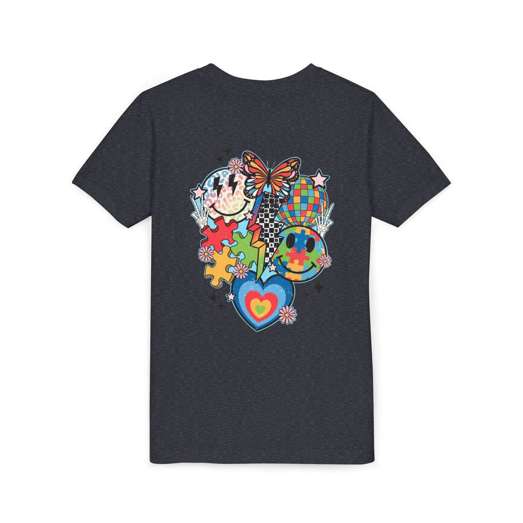 Autism Youth Tee — Colorful Retro Smiley, Puzzle & Butterfly Graphic