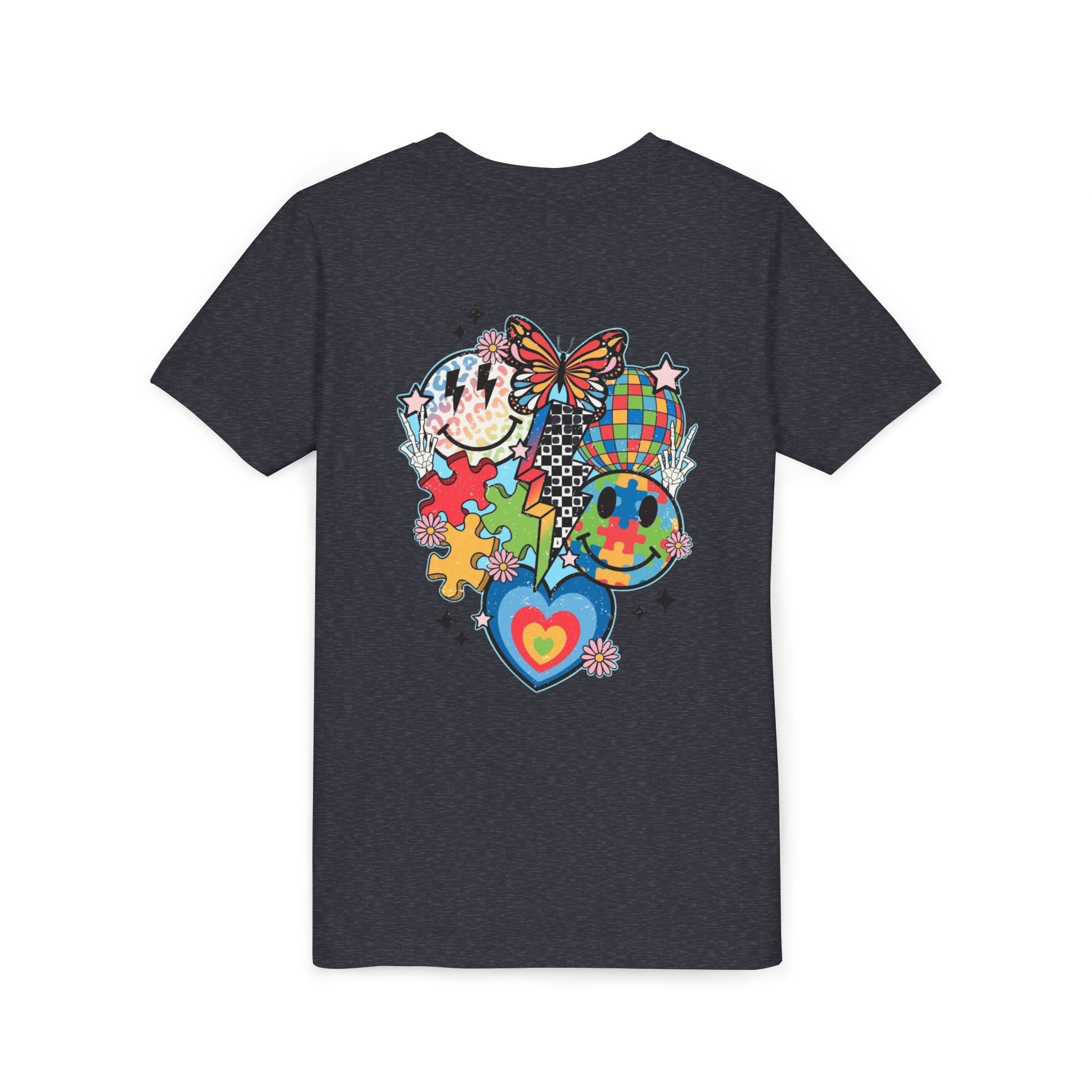 Autism Youth Tee — Colorful Retro Smiley, Puzzle & Butterfly Graphic