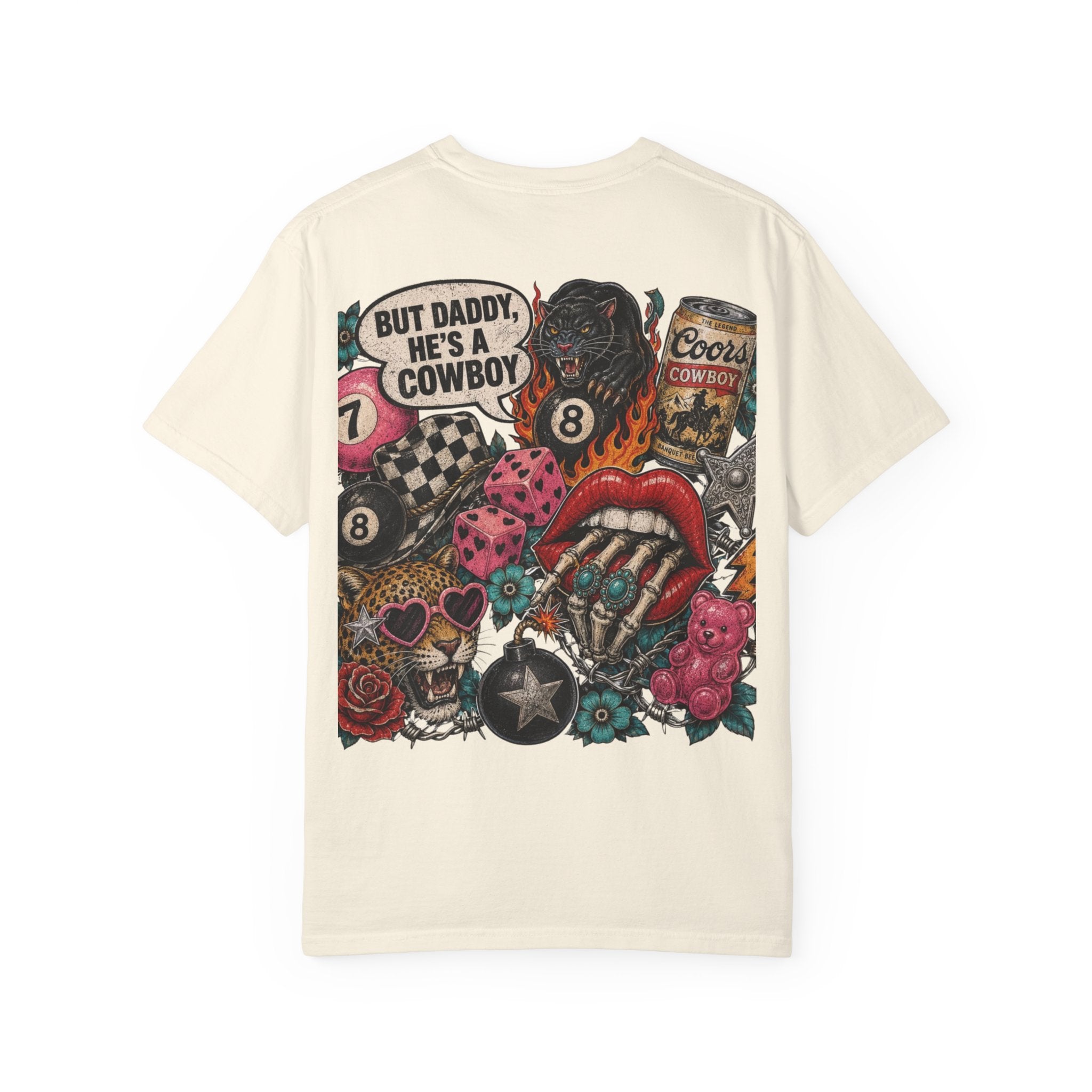 Graphic T-Shirt — Retro Tattoo Collage Back Print (“But Daddy, He’s a Cowboy”)