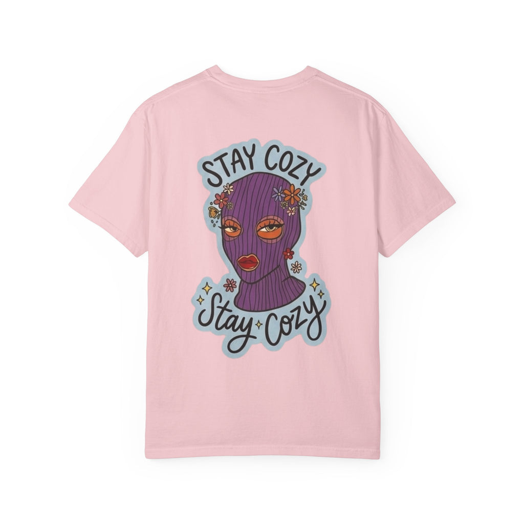 Stay Cozy Graphic T-Shirt — Retro Floral Ski Mask Design