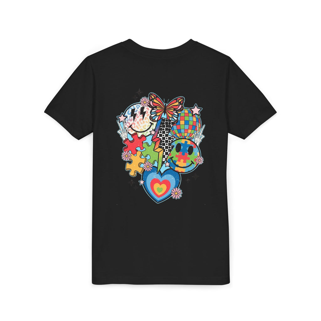 Autism Youth Tee — Colorful Retro Smiley, Puzzle & Butterfly Graphic