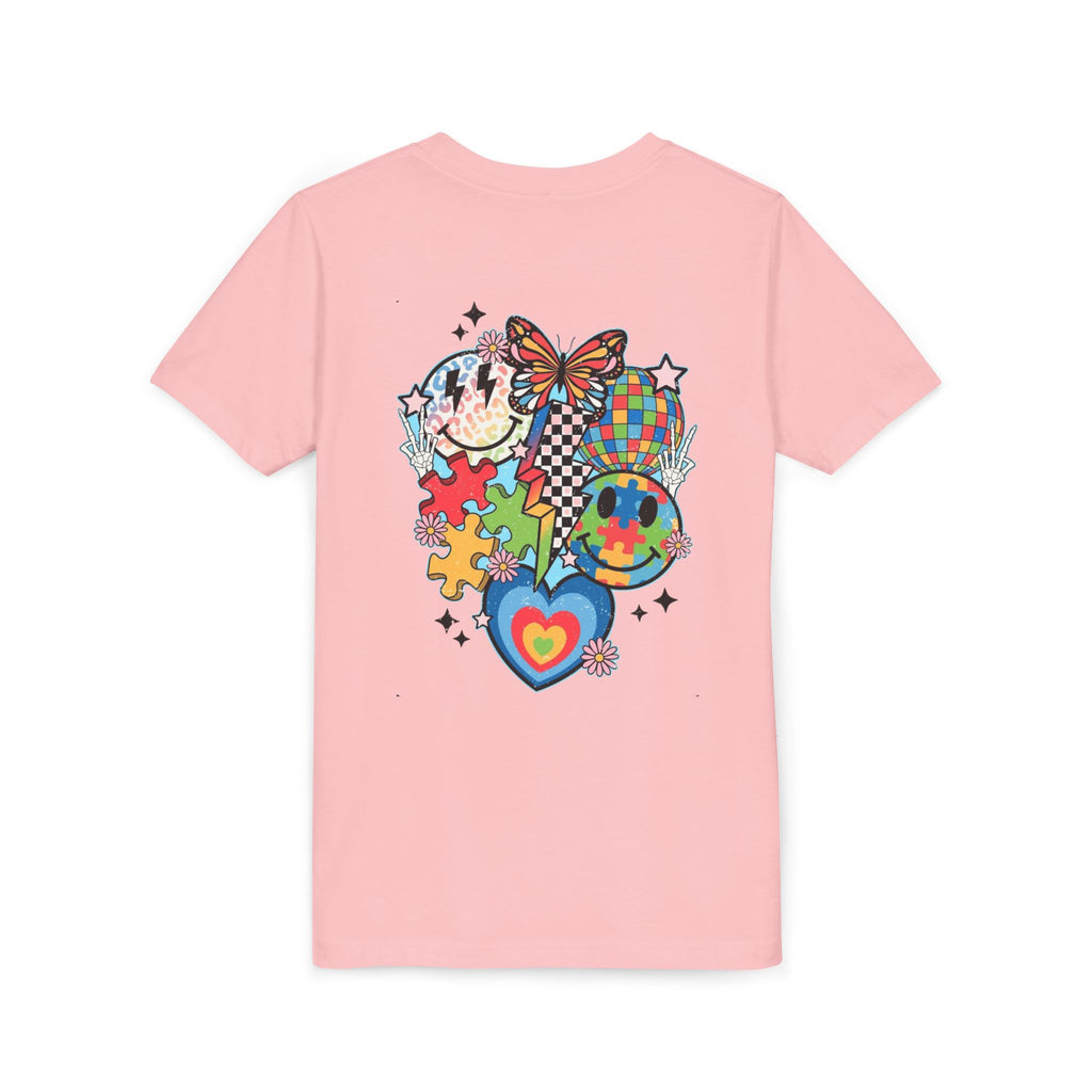 Autism Youth Tee — Colorful Retro Smiley, Puzzle & Butterfly Graphic