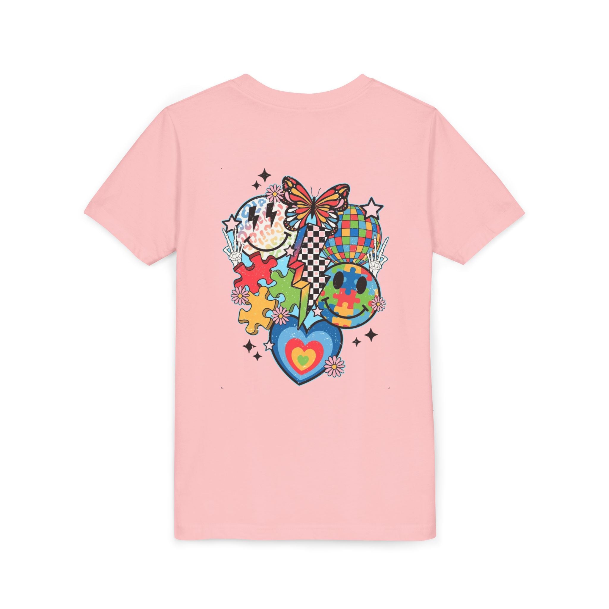 Autism Youth Tee — Colorful Retro Smiley, Puzzle & Butterfly Graphic