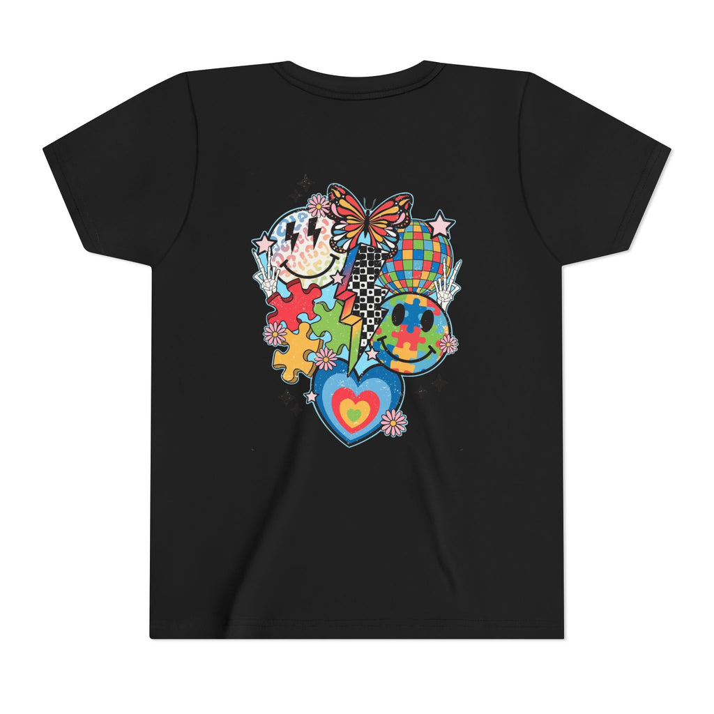 Autism Youth Tee — Colorful Retro Smiley, Puzzle & Butterfly Graphic