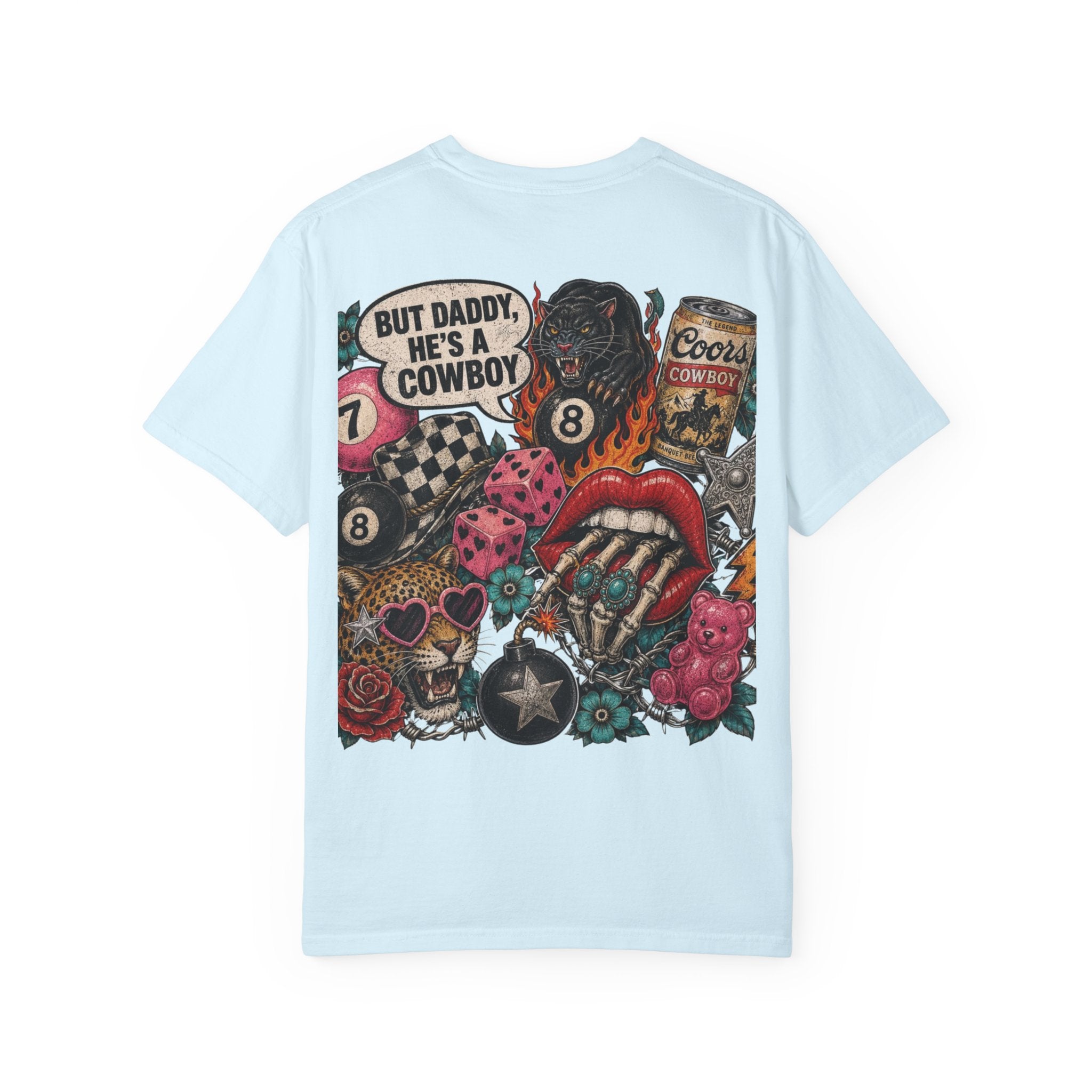 Graphic T-Shirt — Retro Tattoo Collage Back Print (“But Daddy, He’s a Cowboy”)