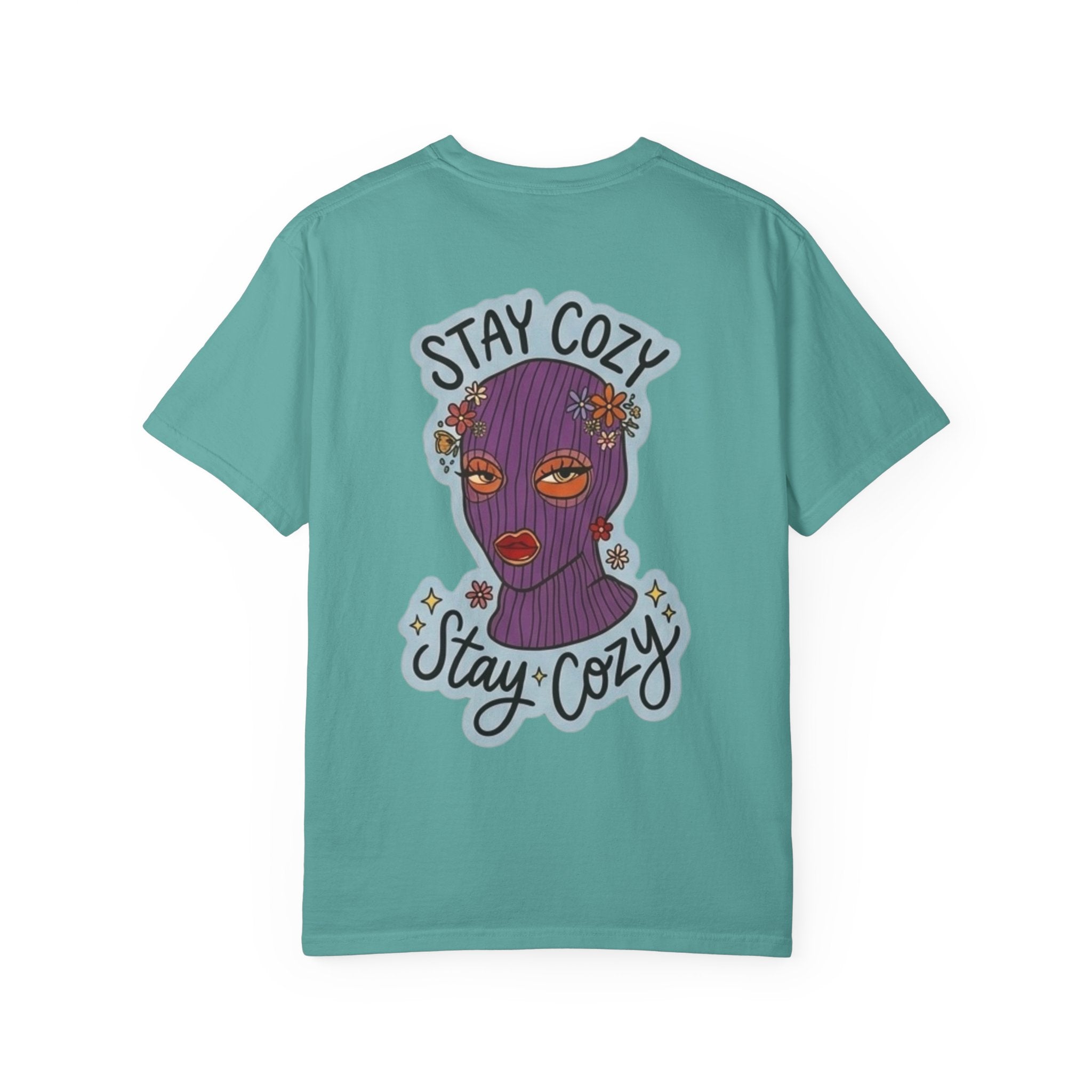 Stay Cozy Graphic T-Shirt — Retro Floral Ski Mask Design