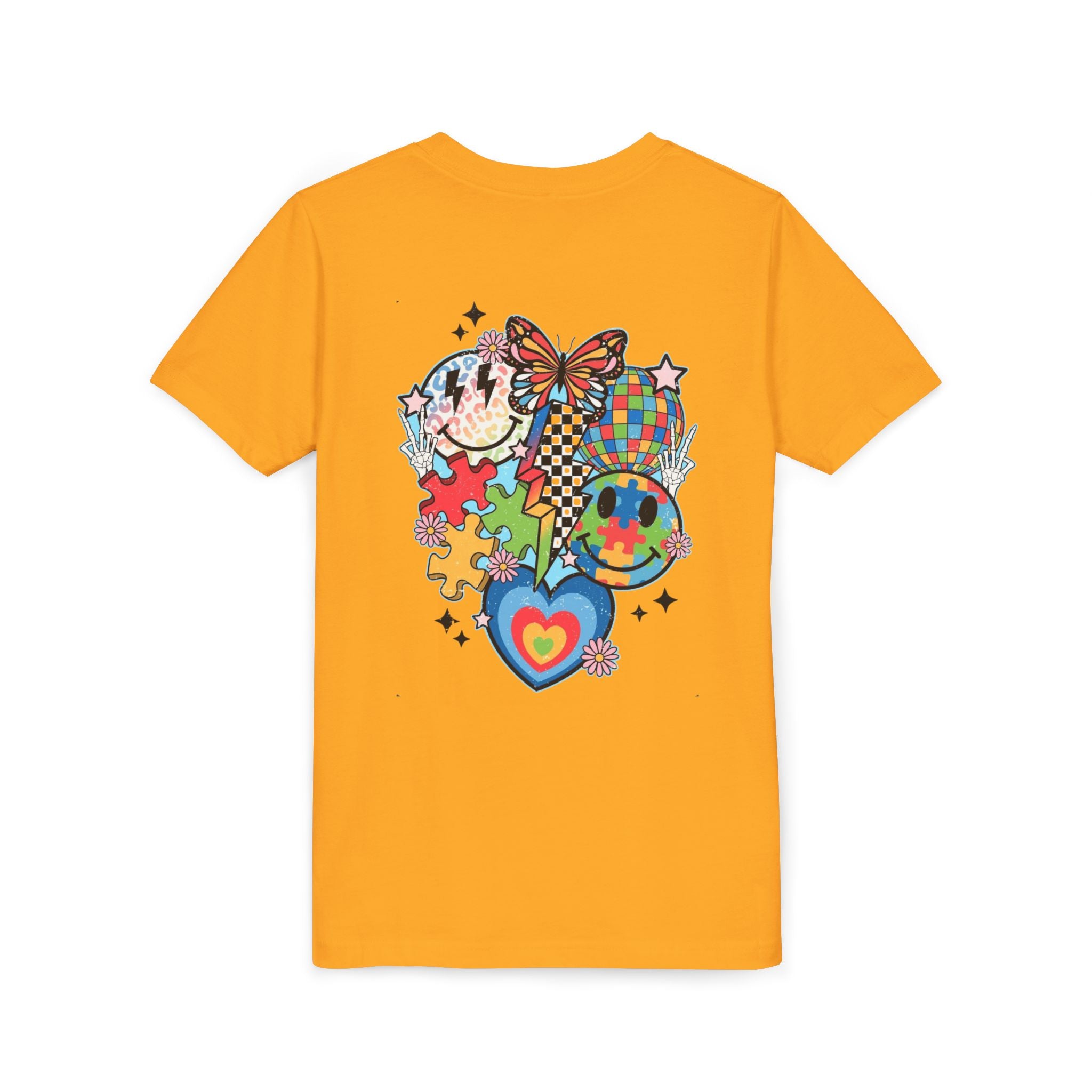 Autism Youth Tee — Colorful Retro Smiley, Puzzle & Butterfly Graphic