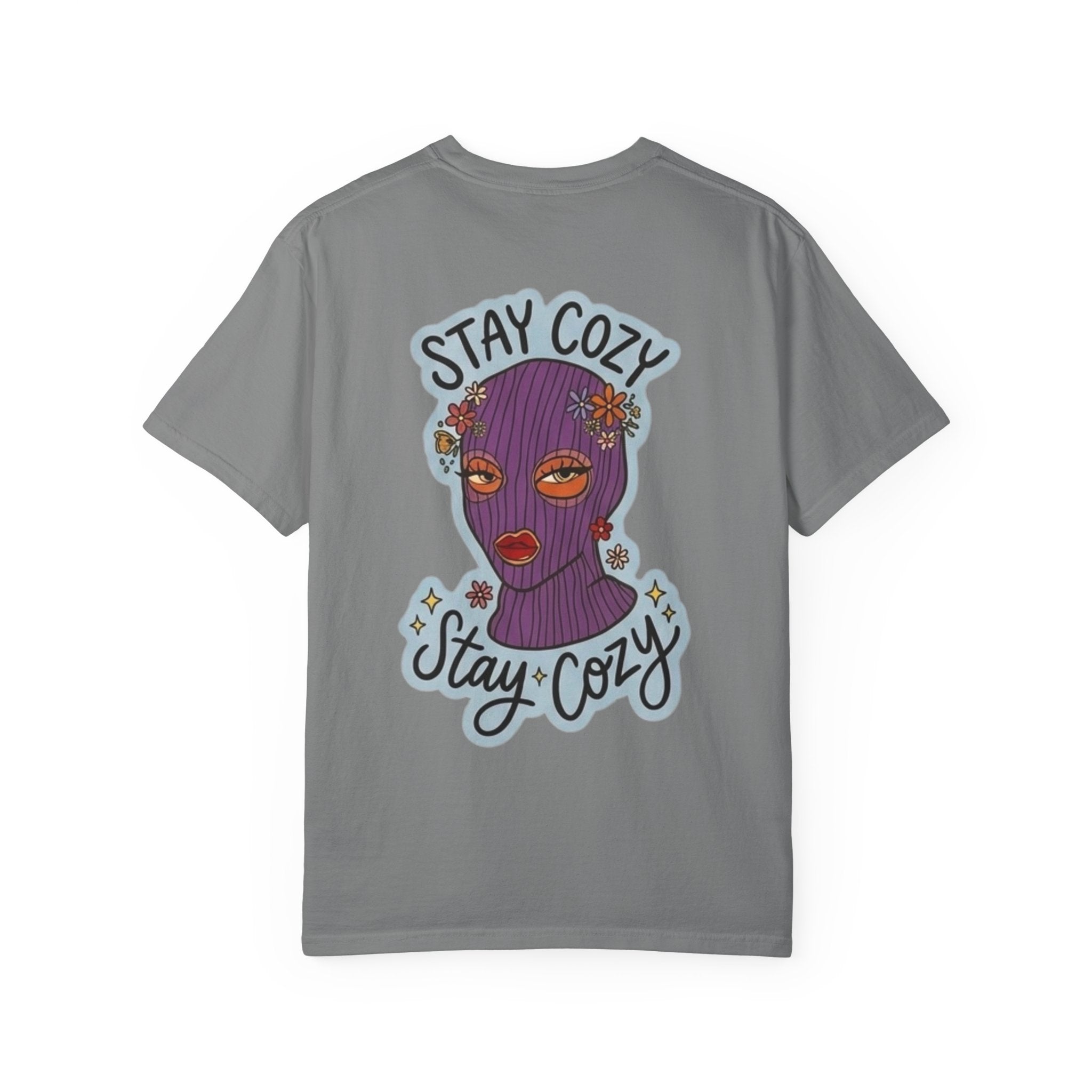Stay Cozy Graphic T-Shirt — Retro Floral Ski Mask Design
