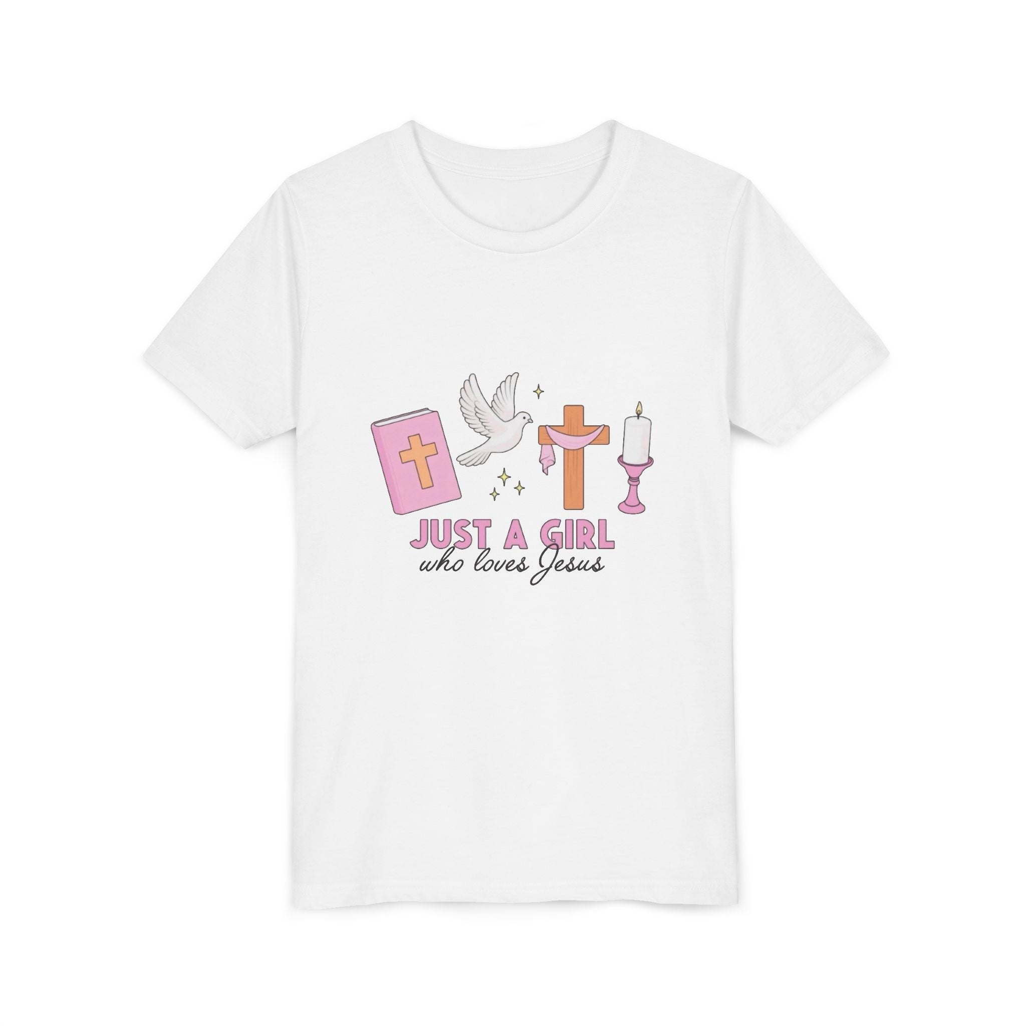 Youth Tee — "Just A Girl Who Loves Jesus" Christian Kids T‑Shirt (Baptism/Church Gift)