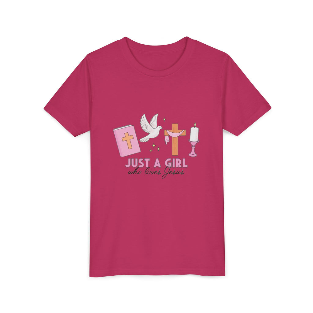 Youth Tee — "Just A Girl Who Loves Jesus" Christian Kids T‑Shirt (Baptism/Church Gift)