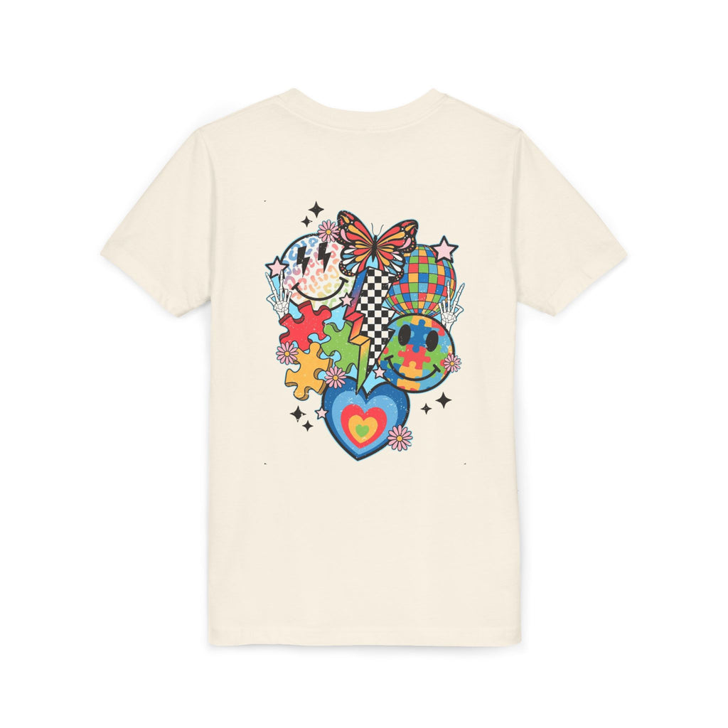 Autism Youth Tee — Colorful Retro Smiley, Puzzle & Butterfly Graphic