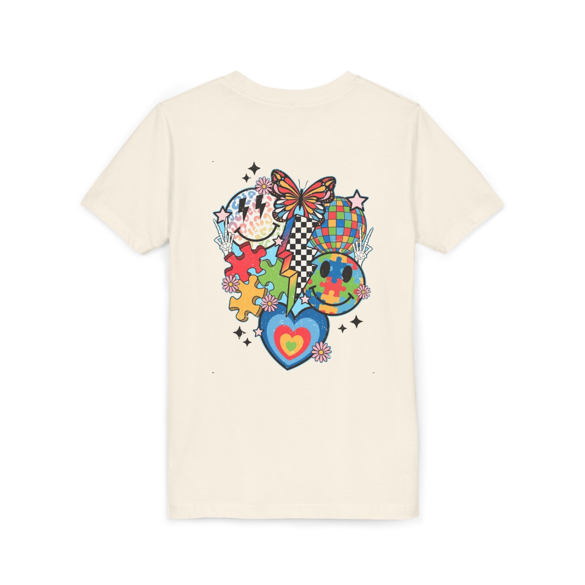 Autism Youth Tee — Colorful Retro Smiley, Puzzle & Butterfly Graphic