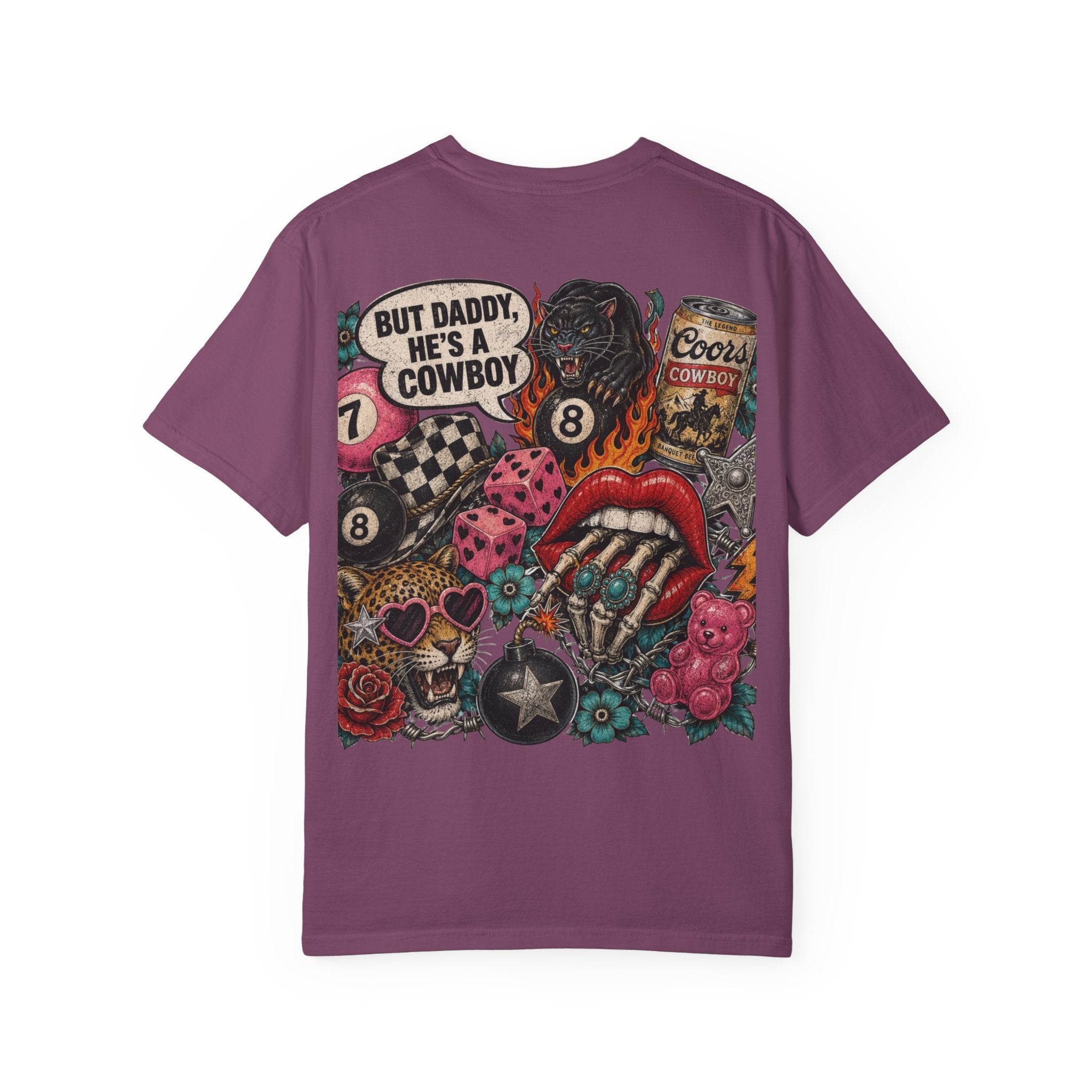 Graphic T-Shirt — Retro Tattoo Collage Back Print (“But Daddy, He’s a Cowboy”)