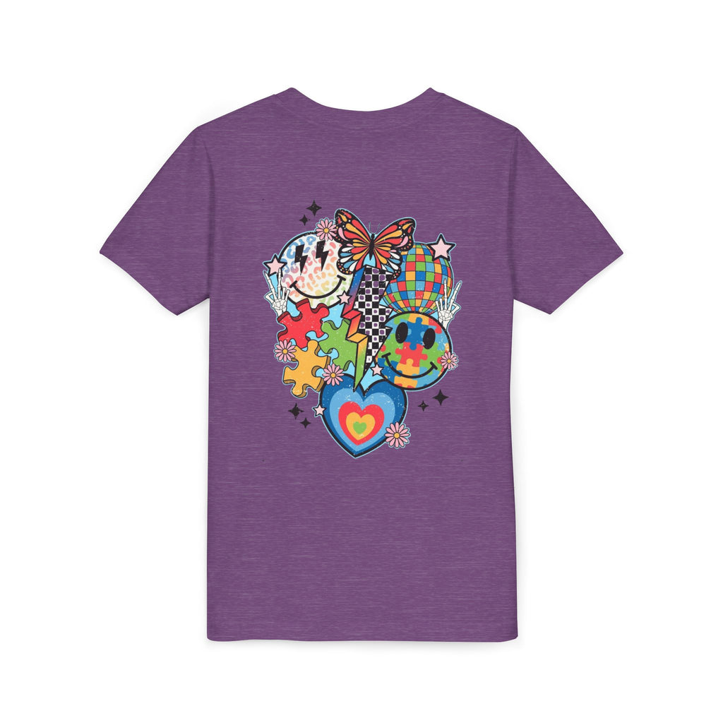 Autism Youth Tee — Colorful Retro Smiley, Puzzle & Butterfly Graphic