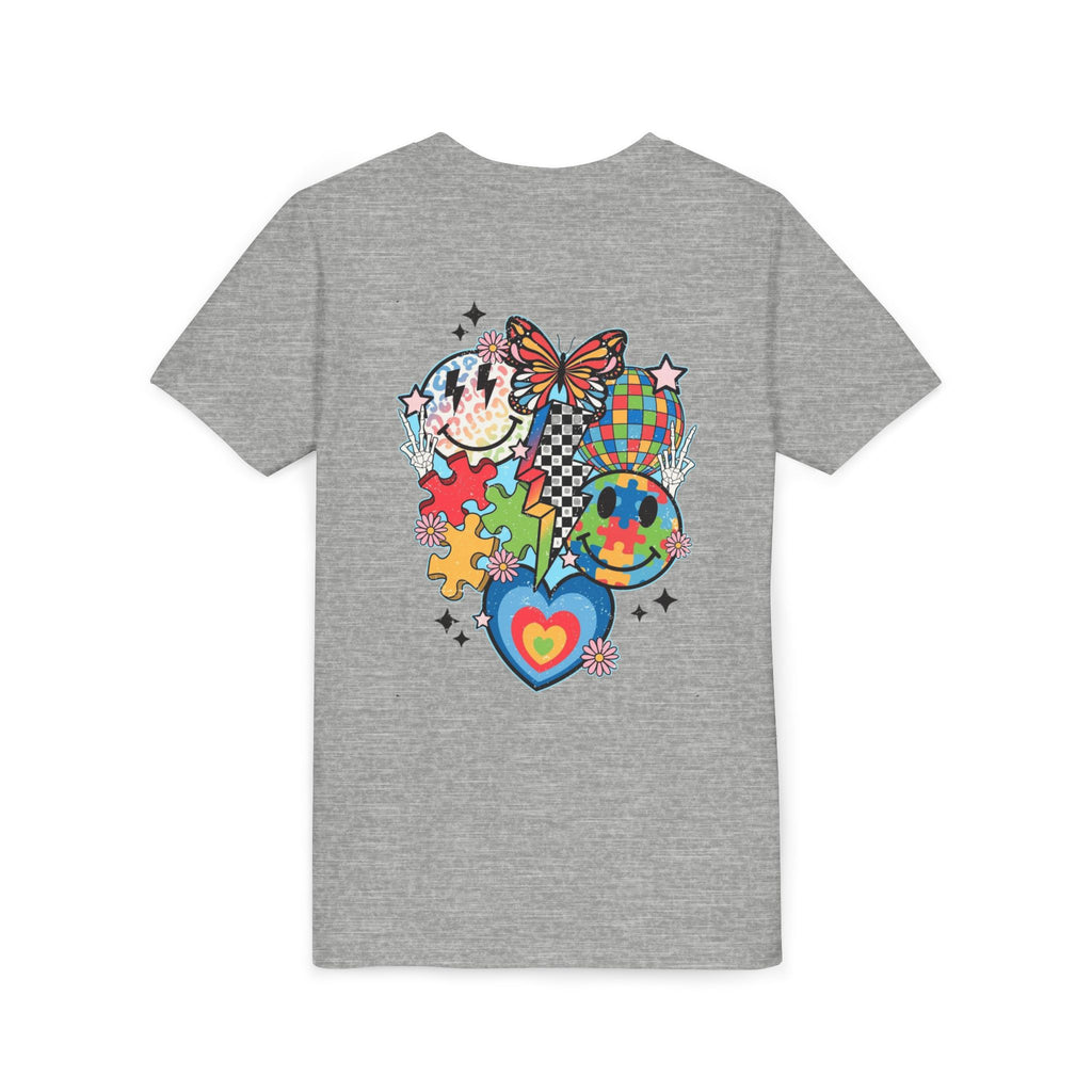 Autism Youth Tee — Colorful Retro Smiley, Puzzle & Butterfly Graphic