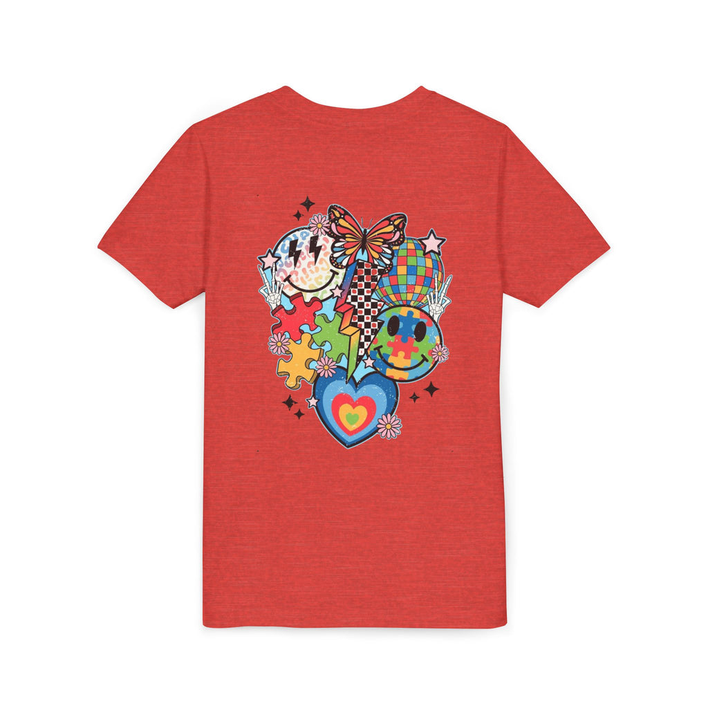 Autism Youth Tee — Colorful Retro Smiley, Puzzle & Butterfly Graphic