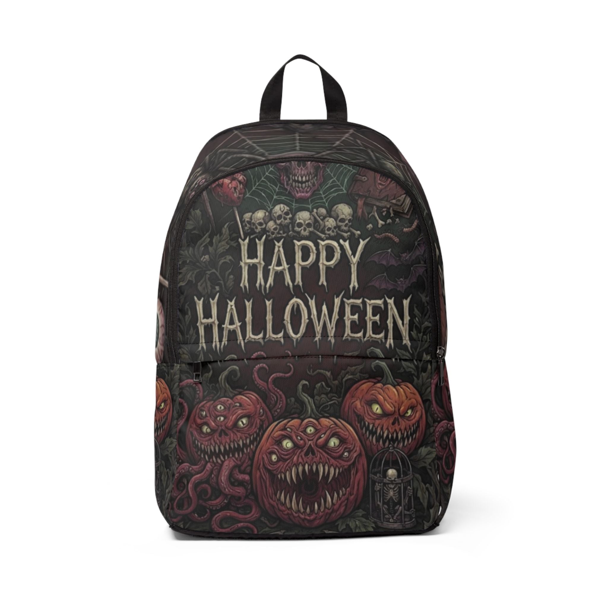 Halloween Backpack — 'Happy Halloween' Spooky Pumpkin & Skull Horror Print