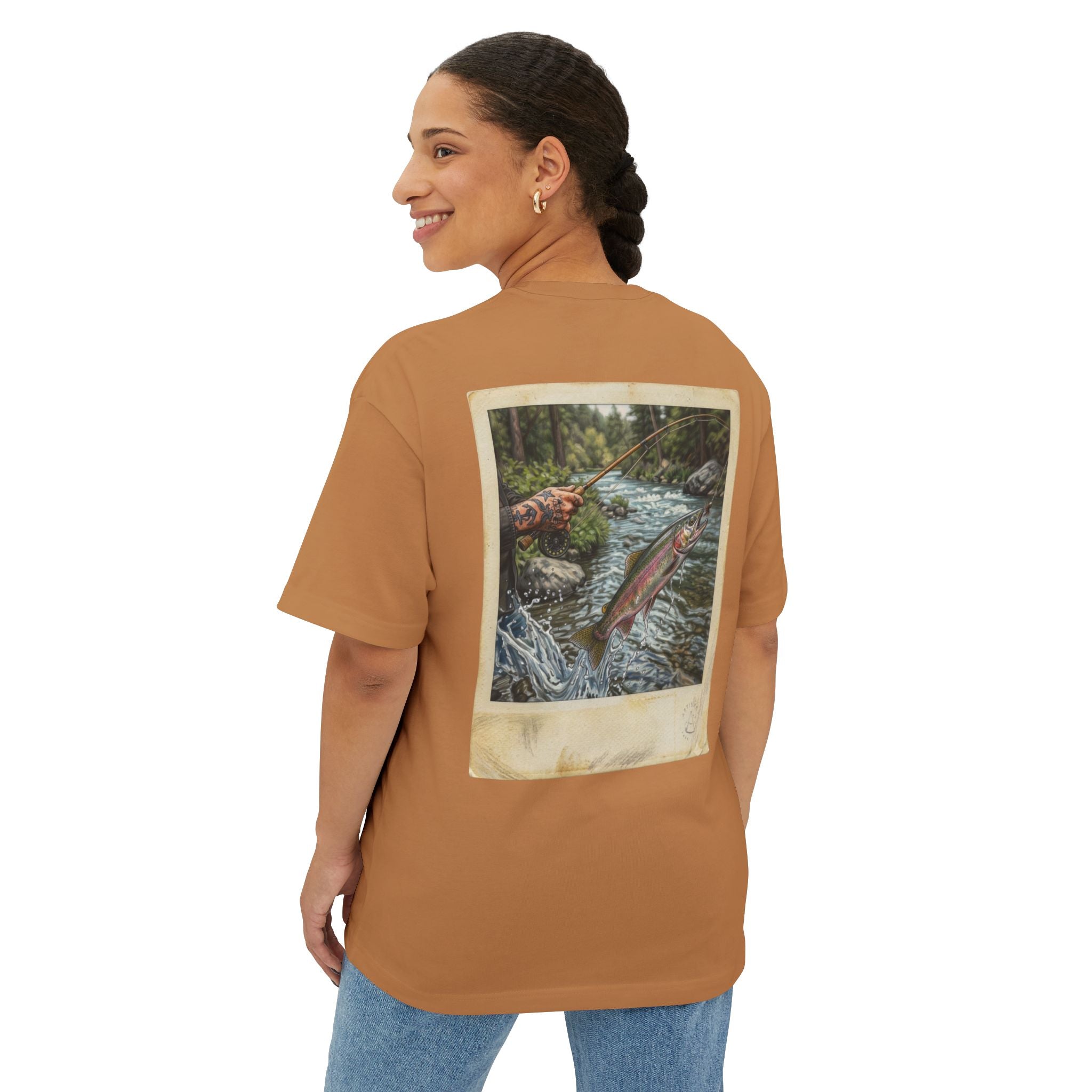 Fishing Polaroid Oversized Tee — Vintage Trout Back Print