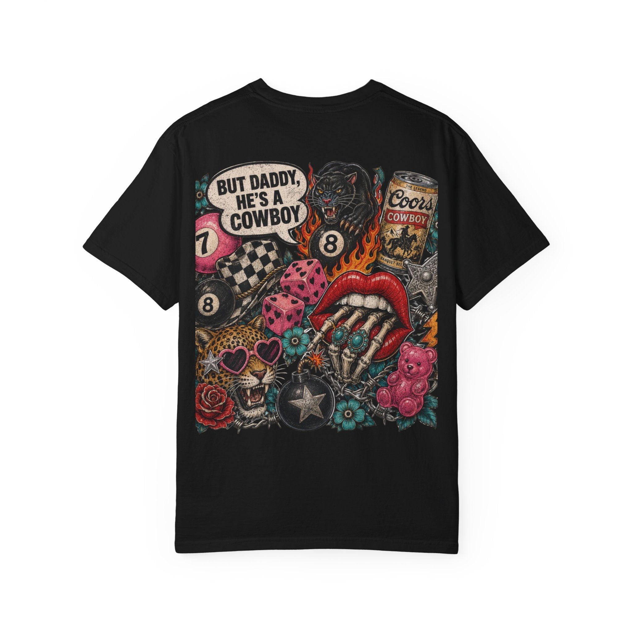 Graphic T-Shirt — Retro Tattoo Collage Back Print (“But Daddy, He’s a Cowboy”)