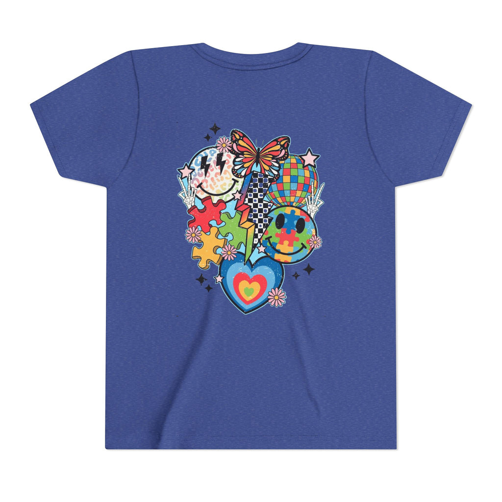 Autism Youth Tee — Colorful Retro Smiley, Puzzle & Butterfly Graphic