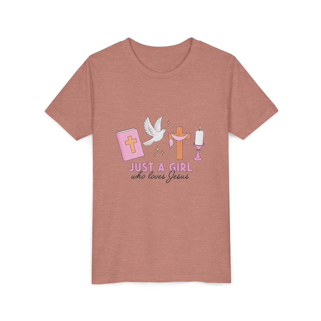 Youth Tee — "Just A Girl Who Loves Jesus" Christian Kids T‑Shirt (Baptism/Church Gift)