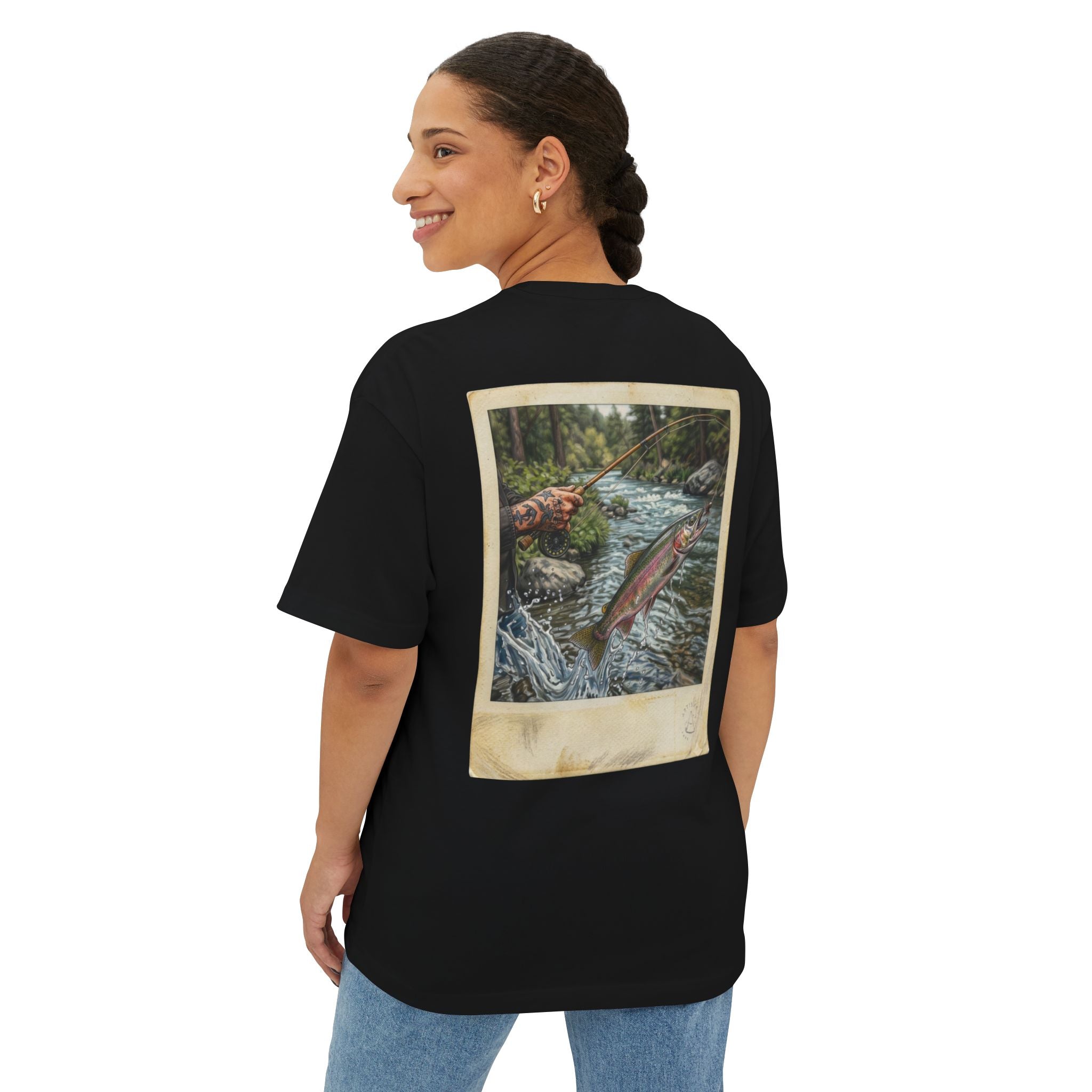 Fishing Polaroid Oversized Tee — Vintage Trout Back Print